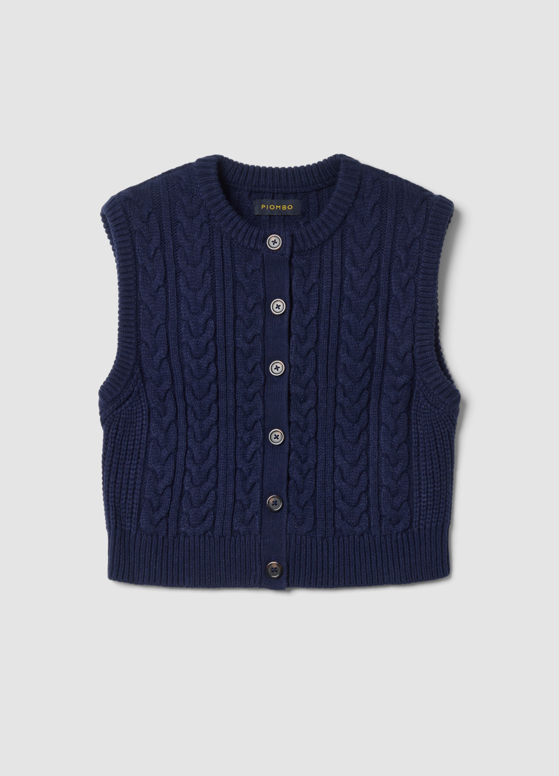 Blue crew-neck cable-knit wool-blend gilet