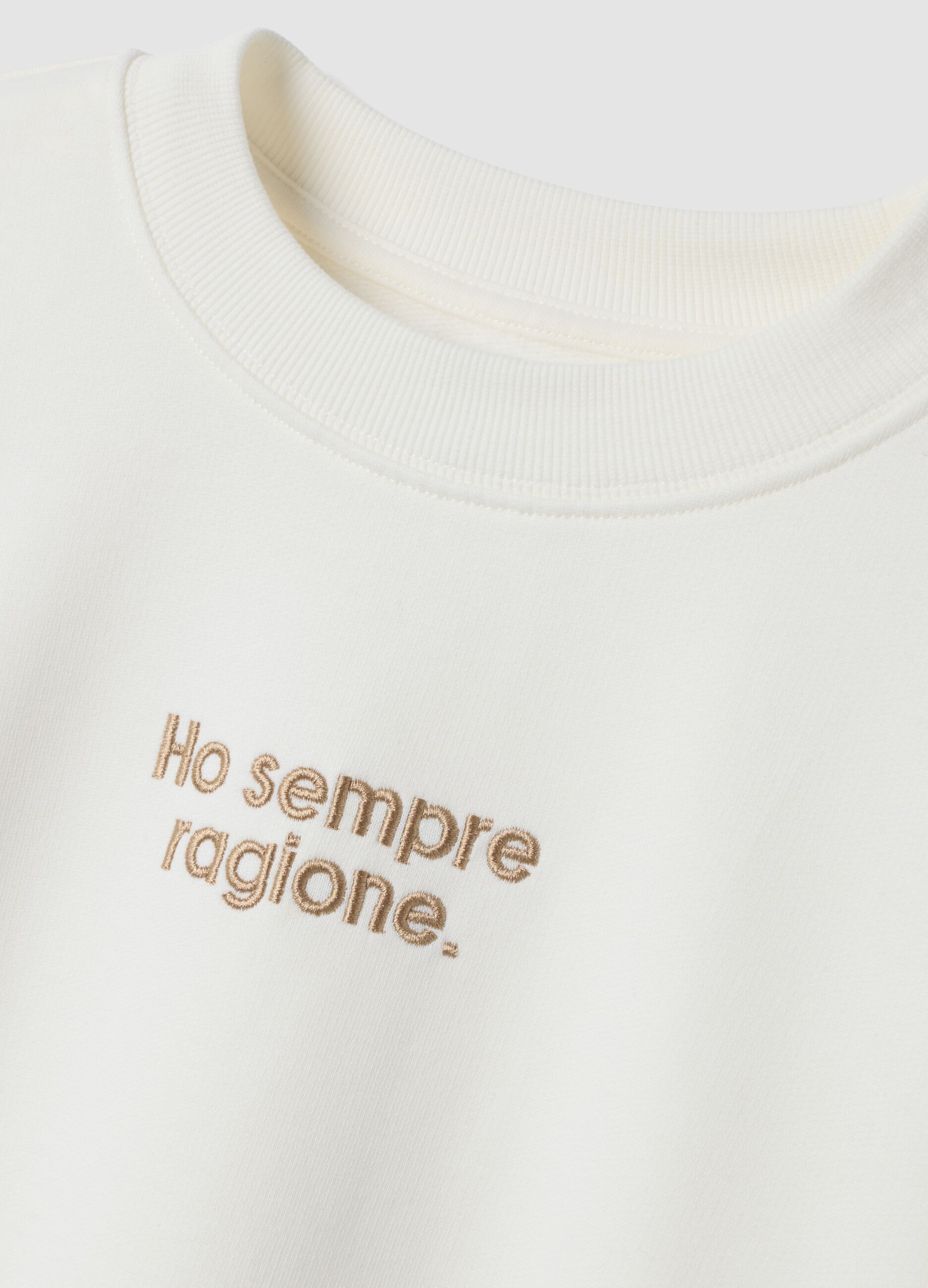 White sweatshirt with ribbed collar in pure organic cotton