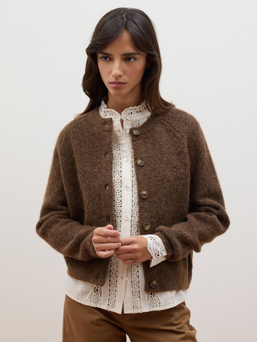 Brown stretchy wool and alpaca crew-neck cardigan_0