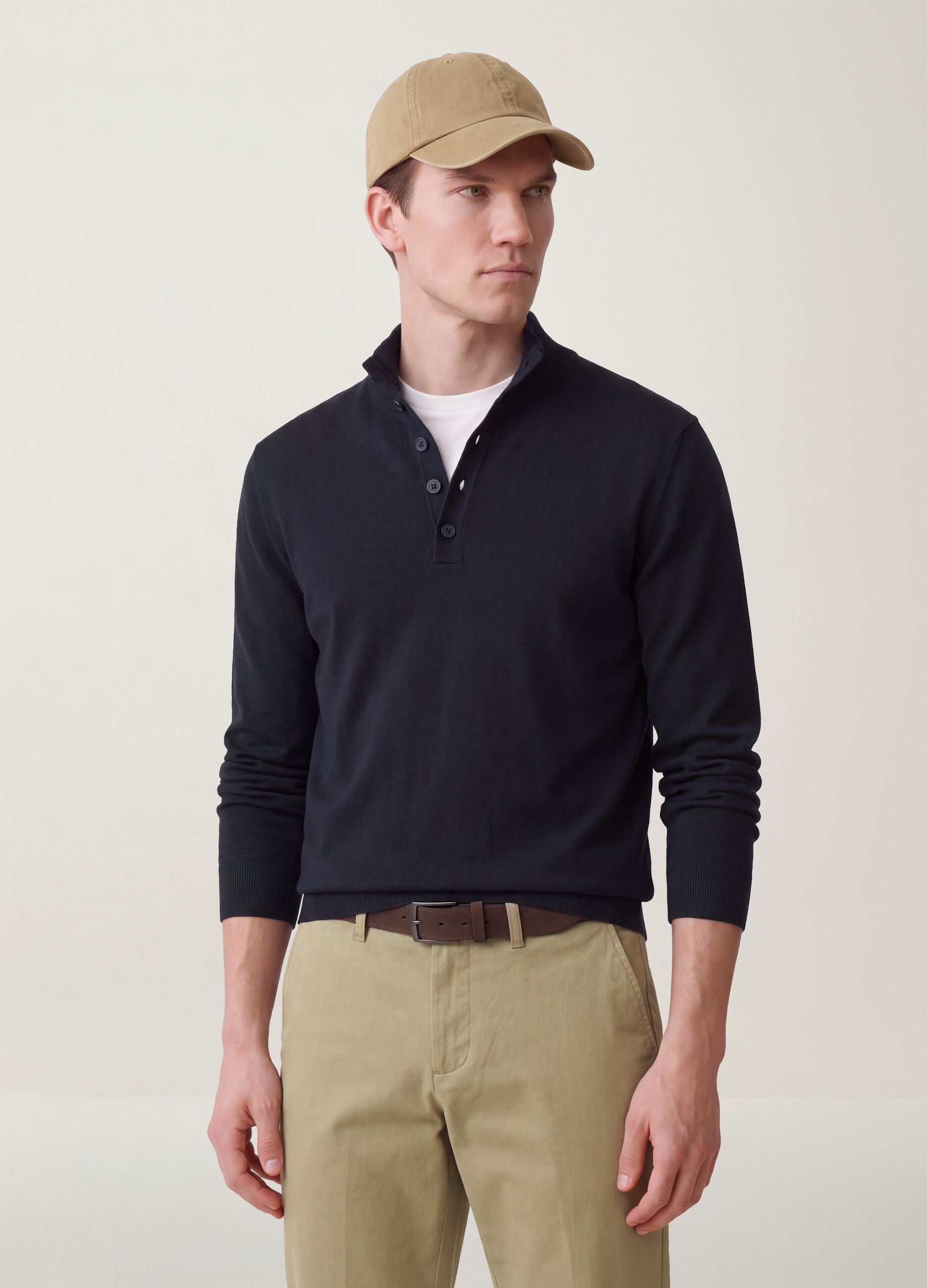 Blue cotton and cashmere blend polo jumper