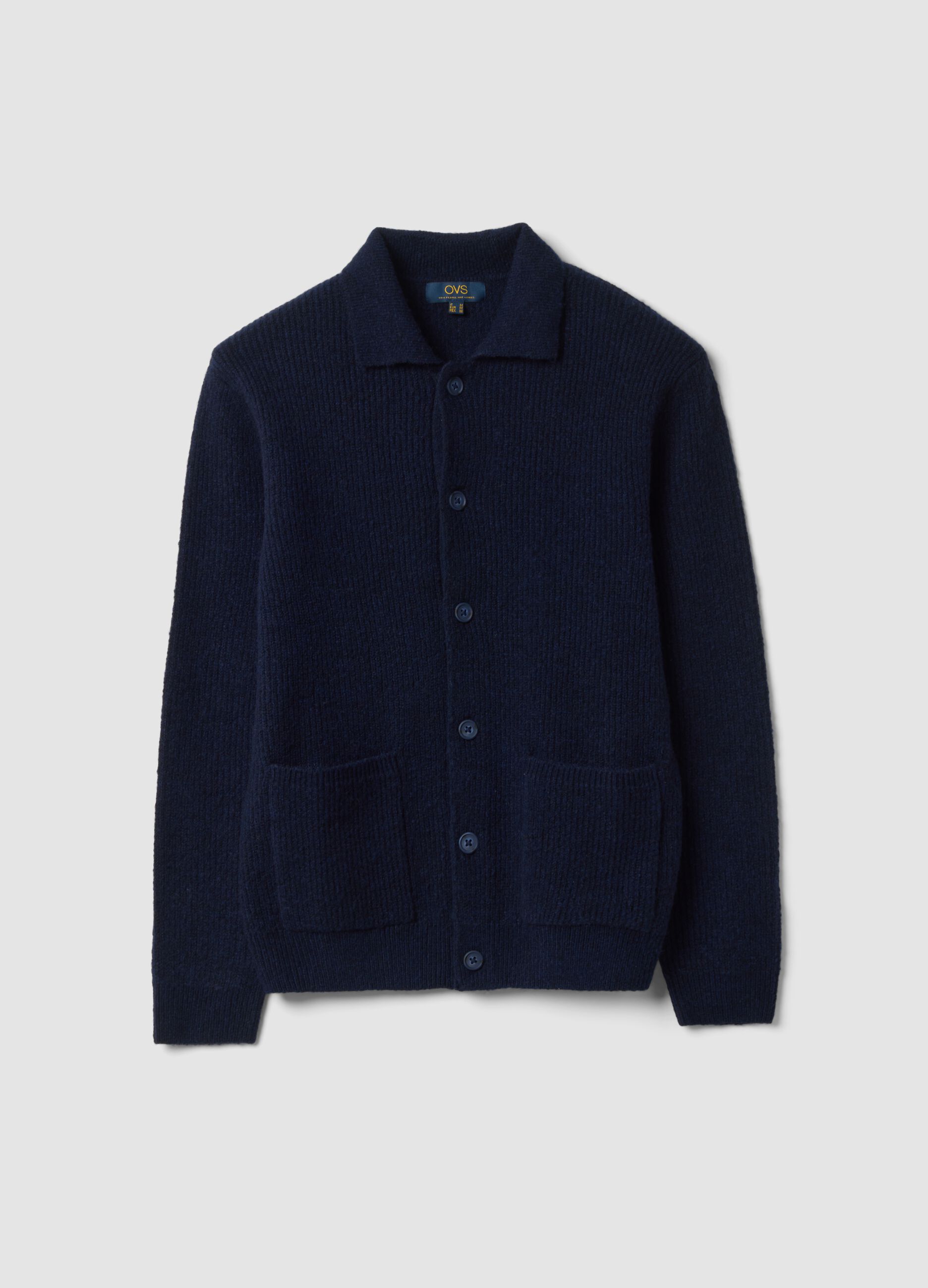 Navy blue stretch wool cardigan with polo collar