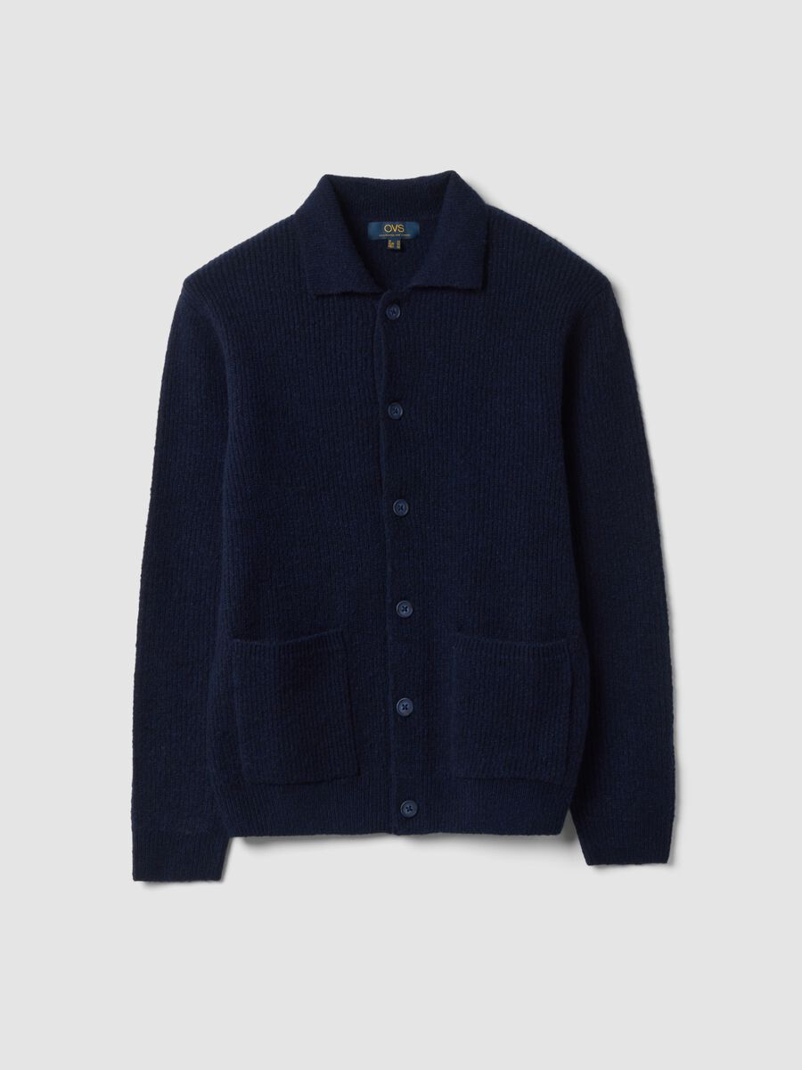 Navy blue stretch wool cardigan with polo collar_0