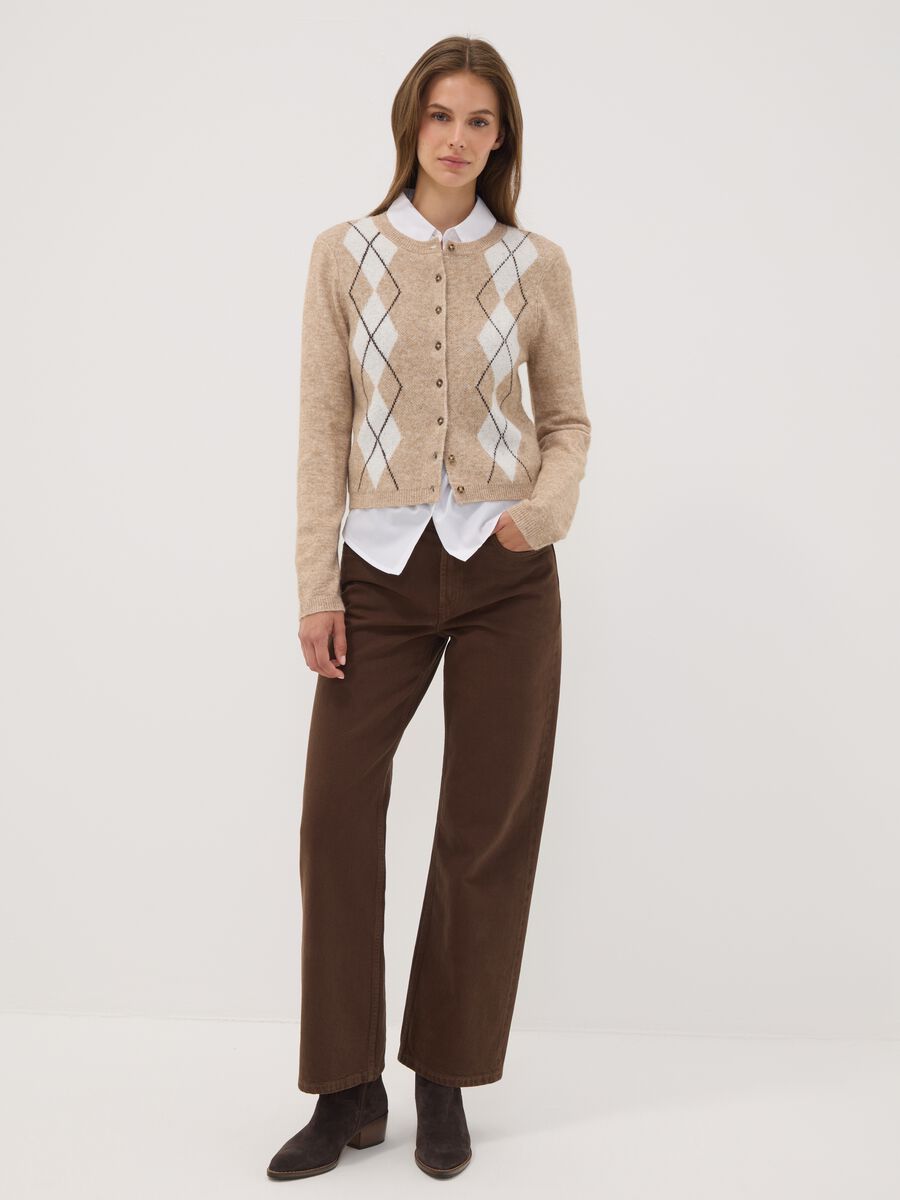 Beige jacquard stretch wool crew-neck cardigan, regular fit_1