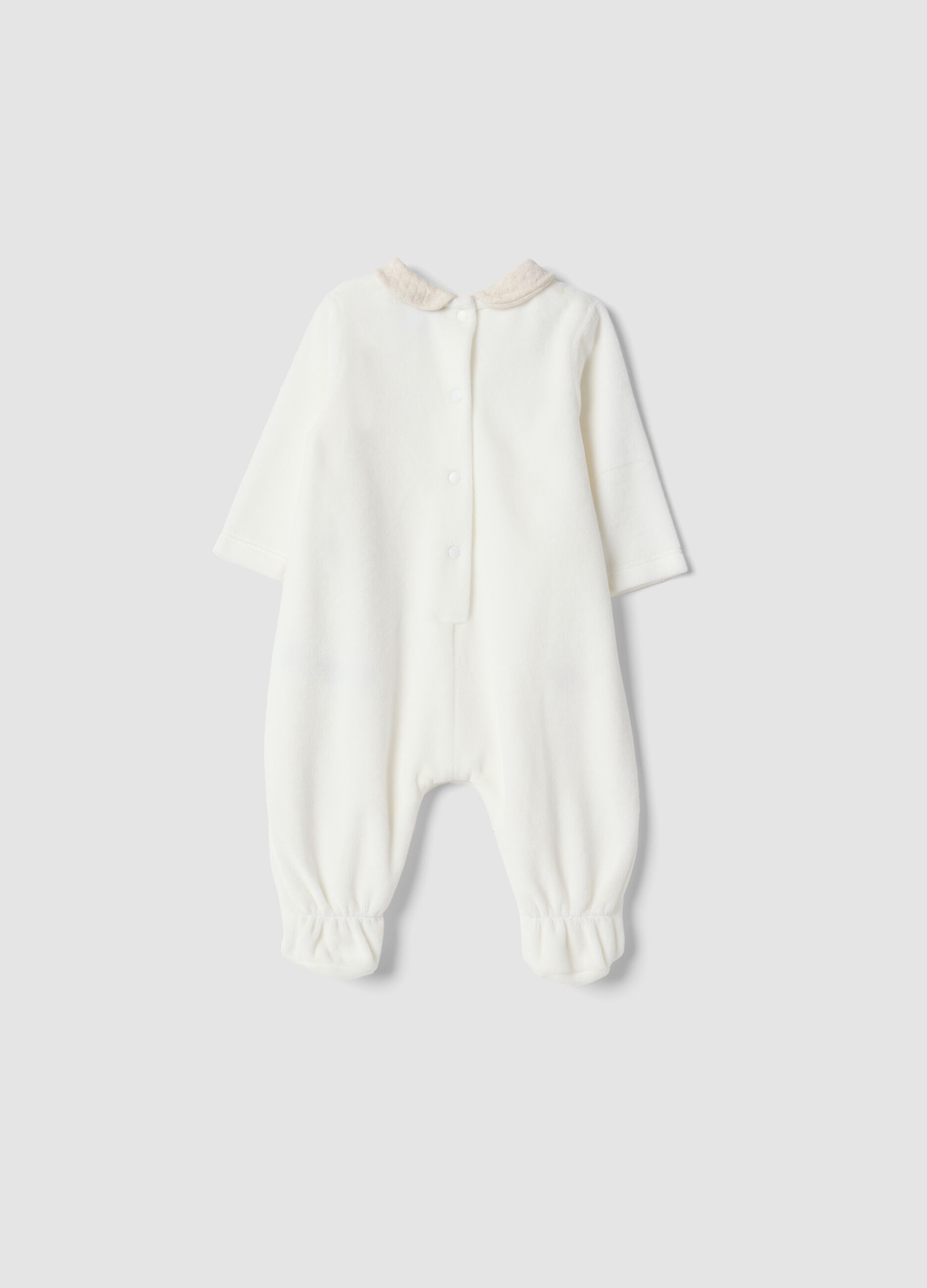 White organic cotton-blend baby sleepsuit with collar and animal embroidery