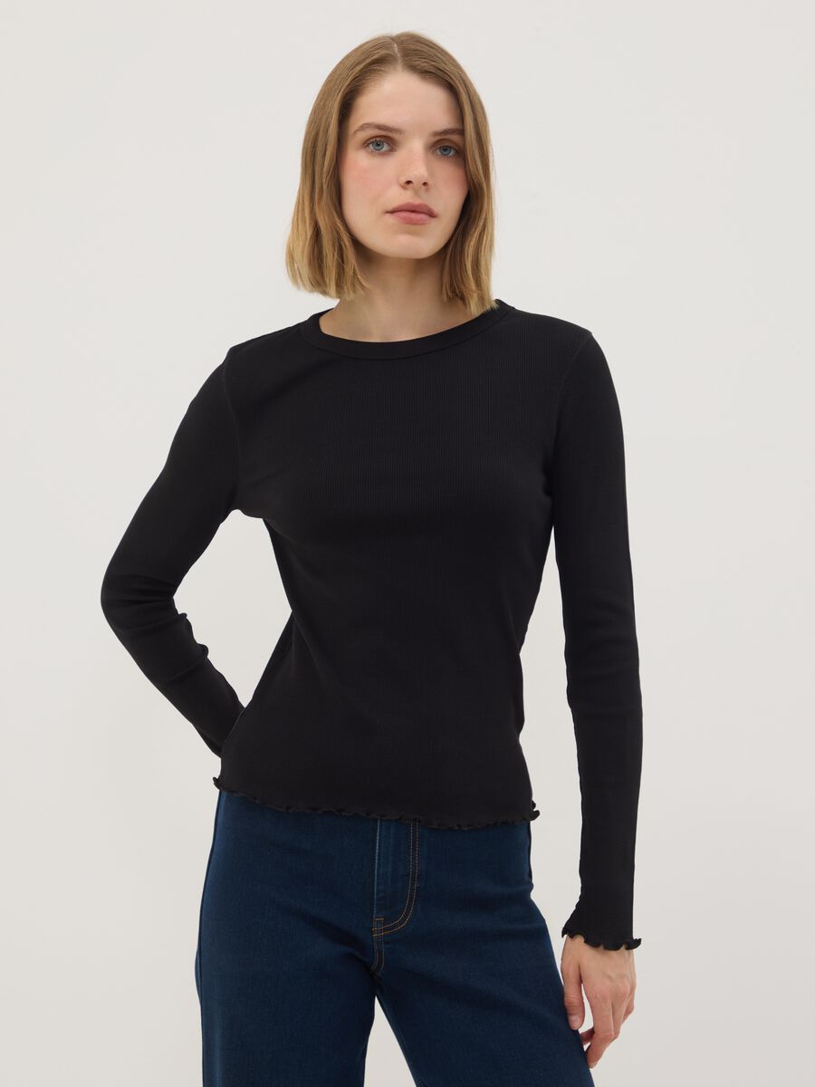 T-shirt nera in puro cotone a maniche lunghe girocollo regular fit_0