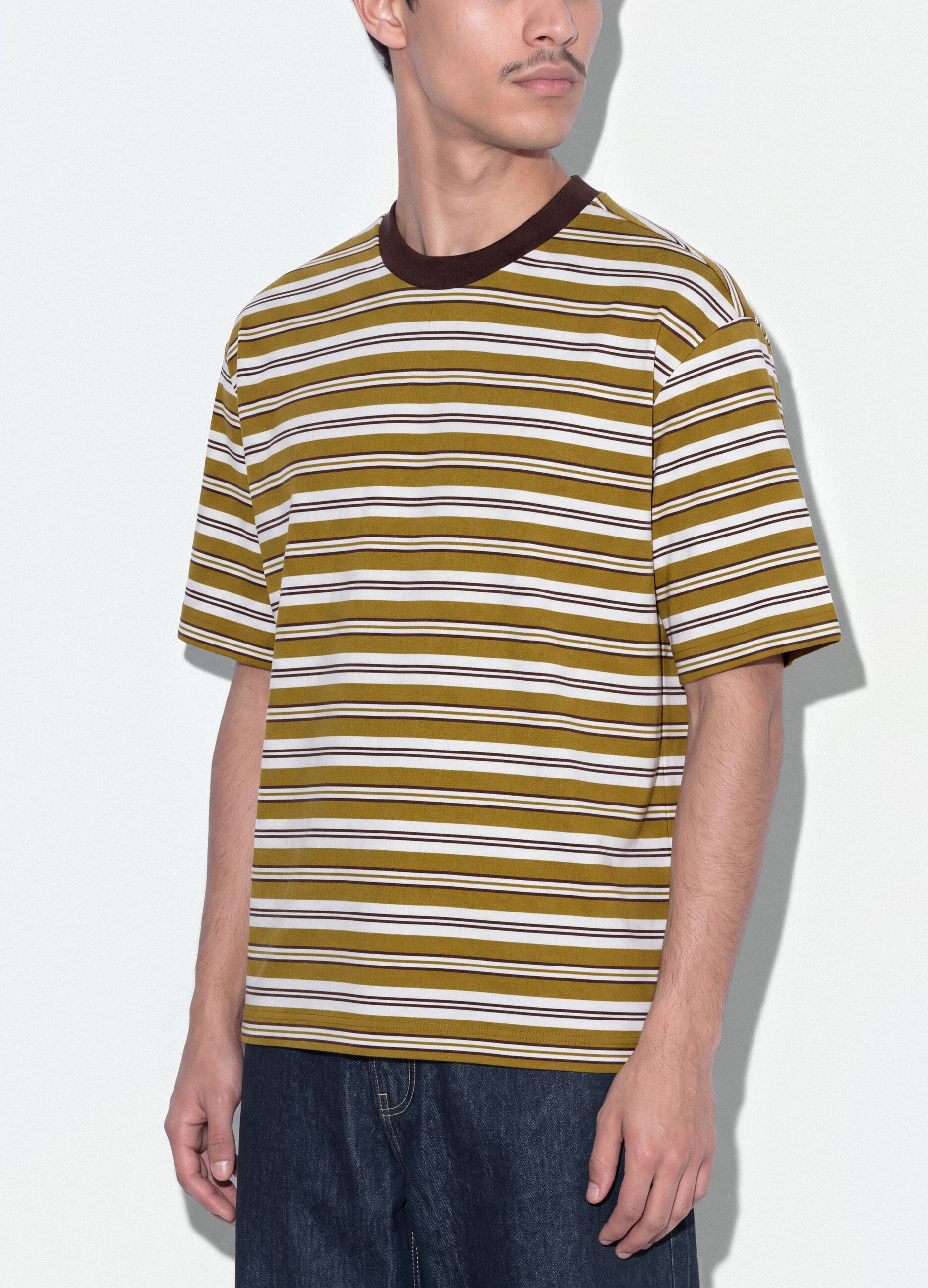 T-shirt marrone a righe in puro cotone boxy fit