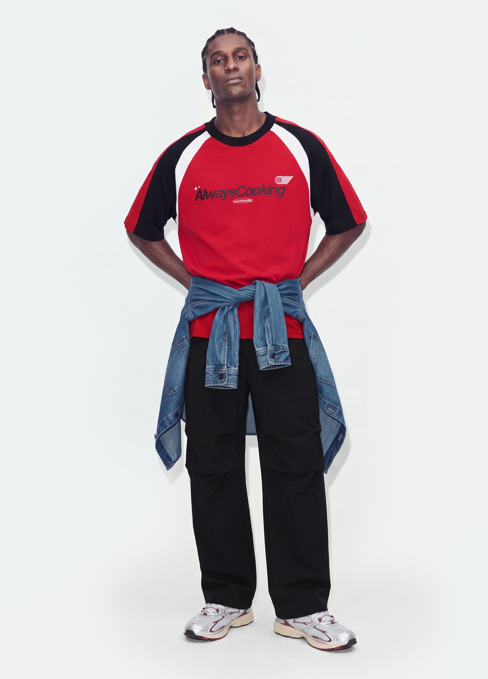 Red pure cotton T-shirt with front slogan relaxed fit