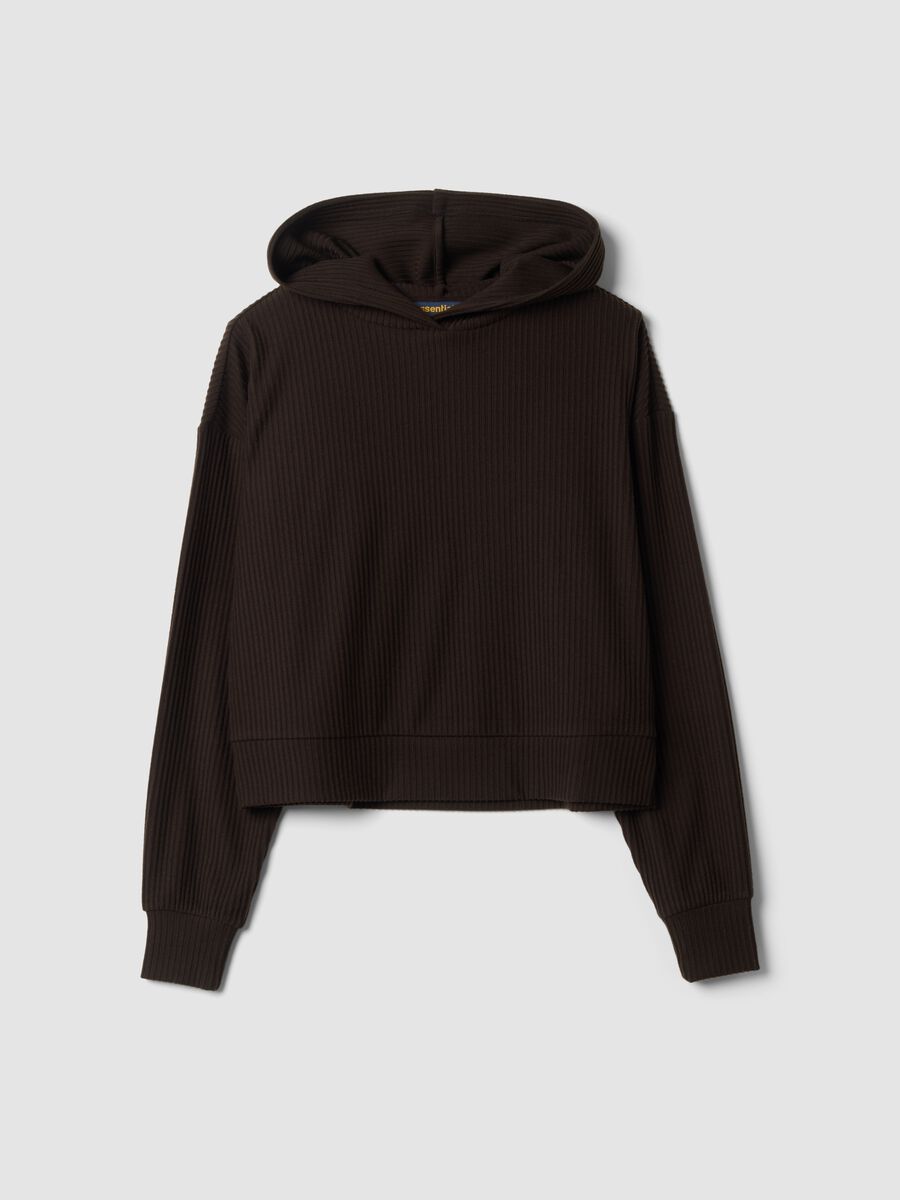 Brown ribbed stretch viscose hoodie, regular fit_0