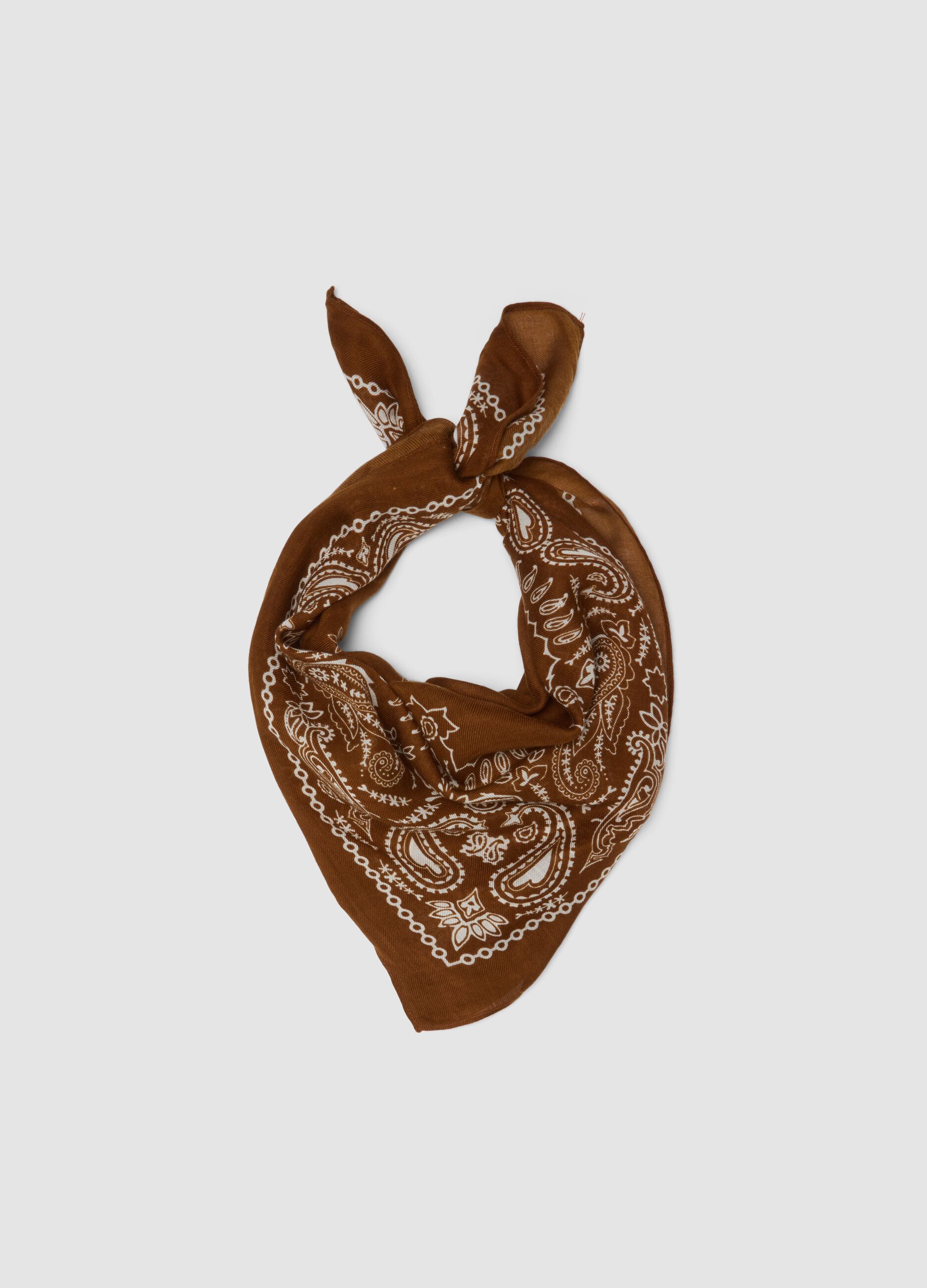 Brown wool-blend scarf with paisley print