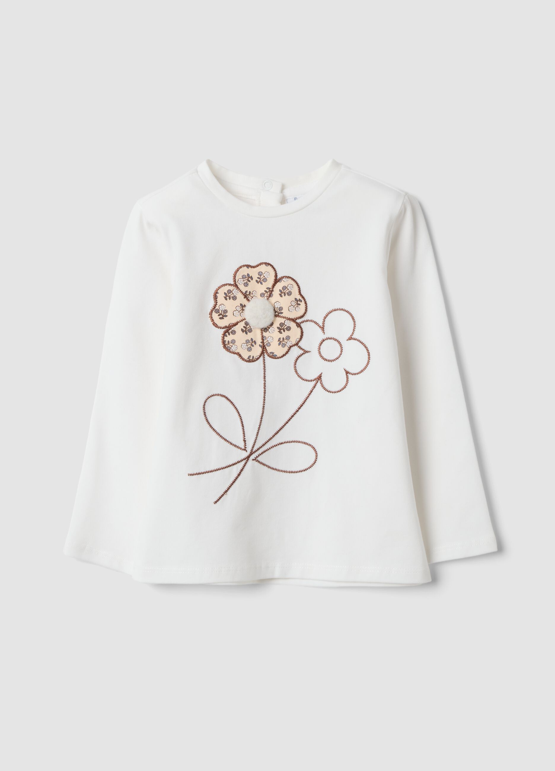 White stretch organic cotton T-shirt with floral print