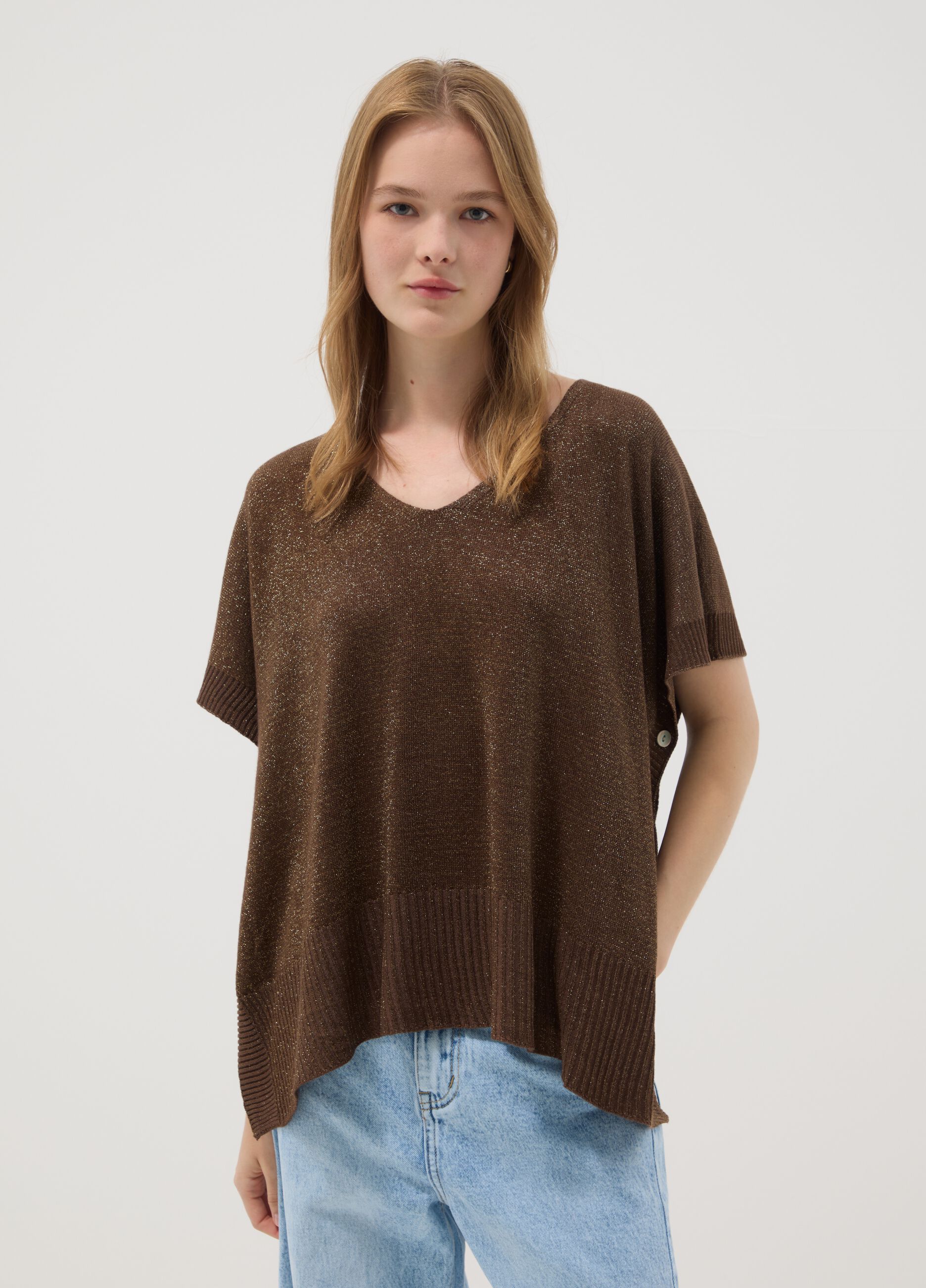 Brown modal-blend V-neck knit top