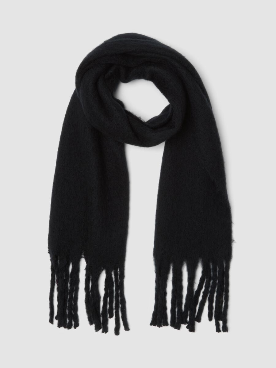 Black wool-blend scarf with fringes_0