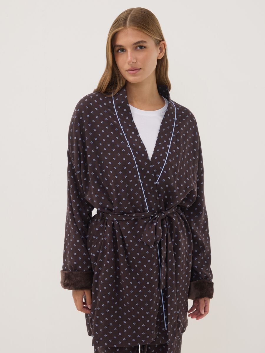 Brown pure viscose dressing gown with micro-floral print_1