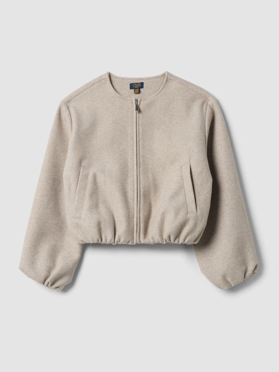 Short beige bomber jacket with zip for girls_0