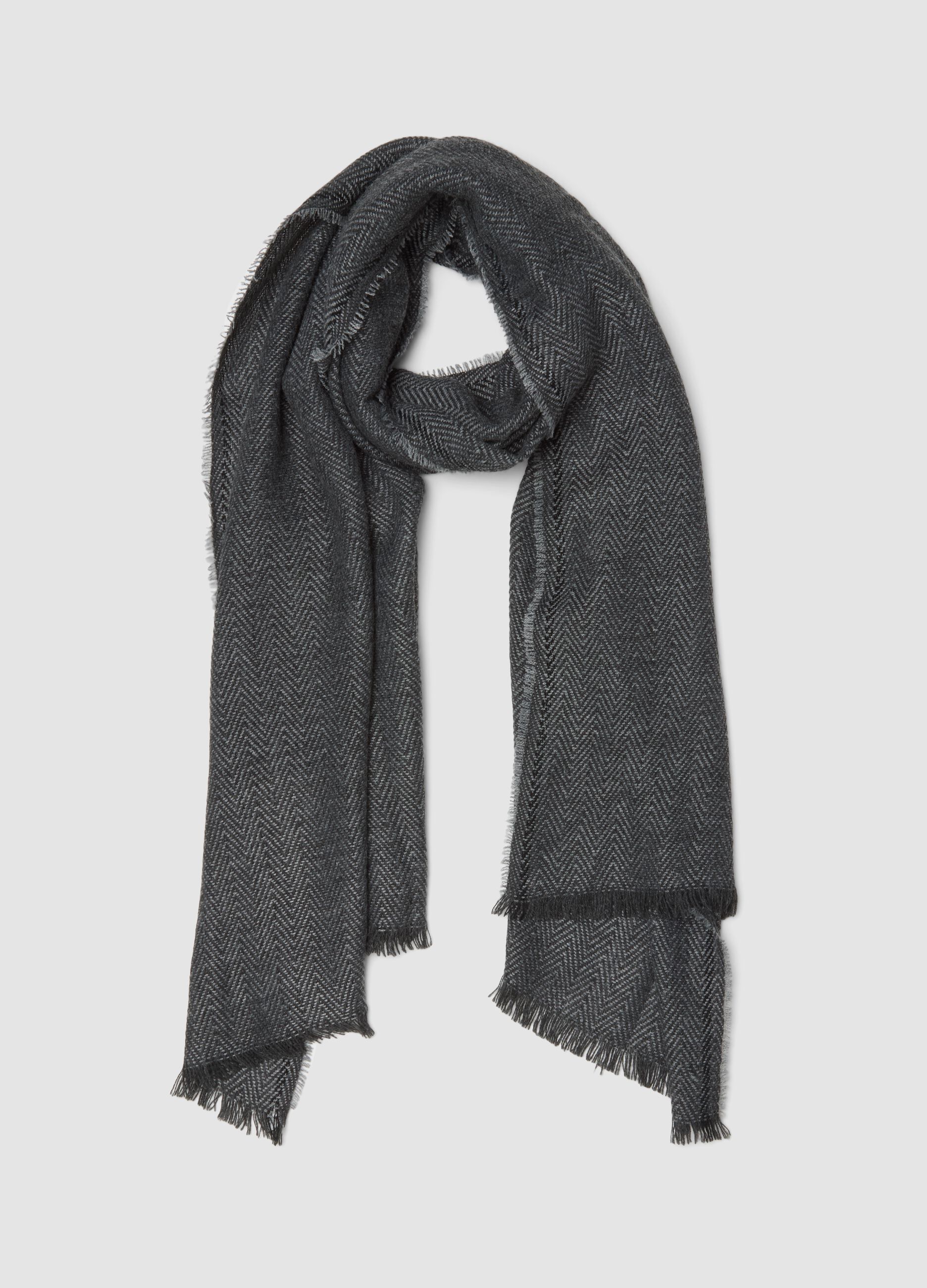 Grey herringbone scarf with fringed ends