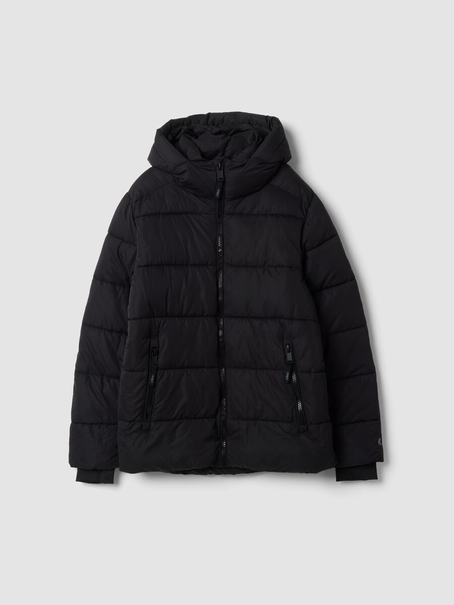 Black padded jacket with hood and zip_0