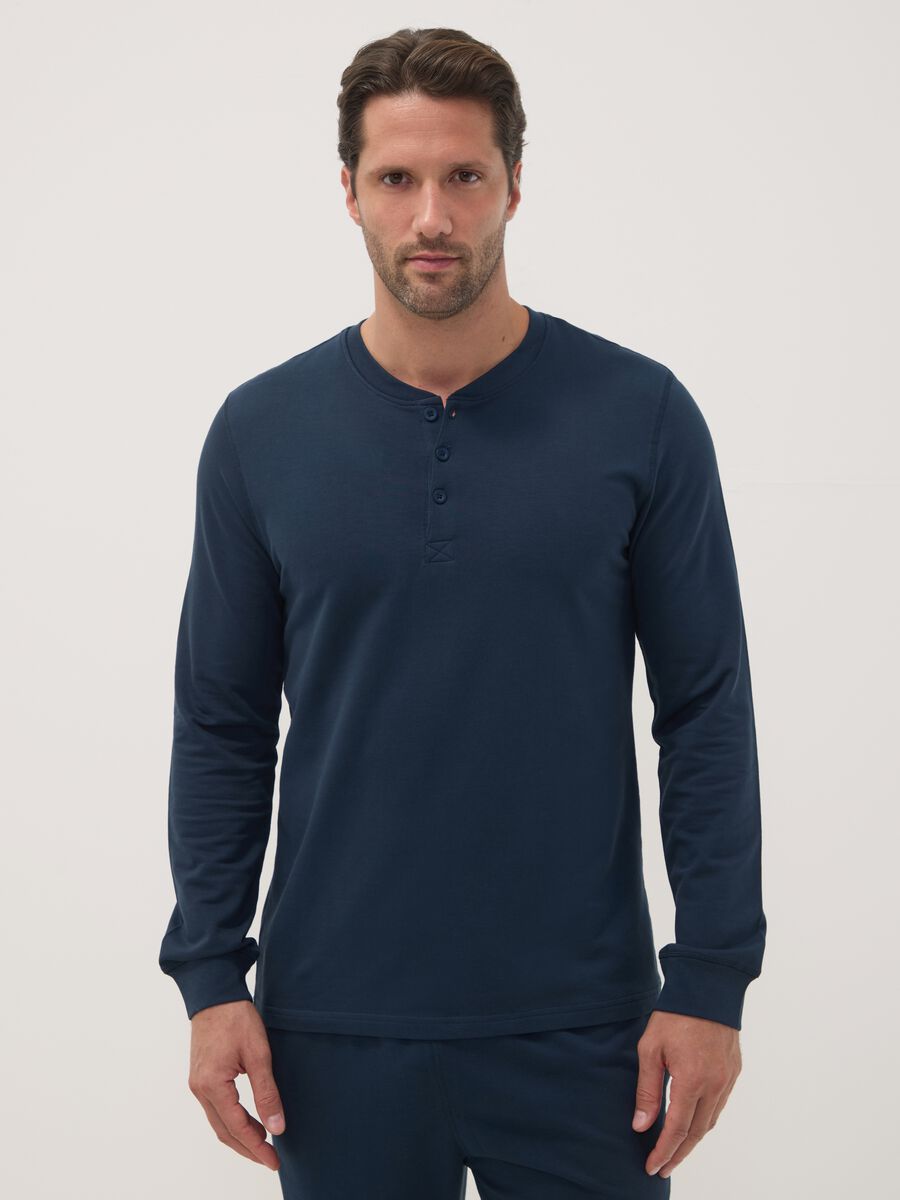 Blue pure cotton pyjamas with Henley neckline_1