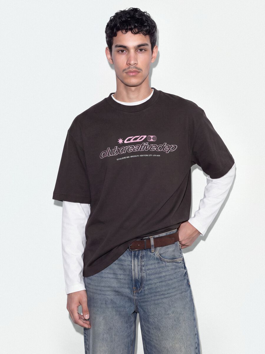 Brown cropped pure cotton T-shirt with front print, boxy fit_0