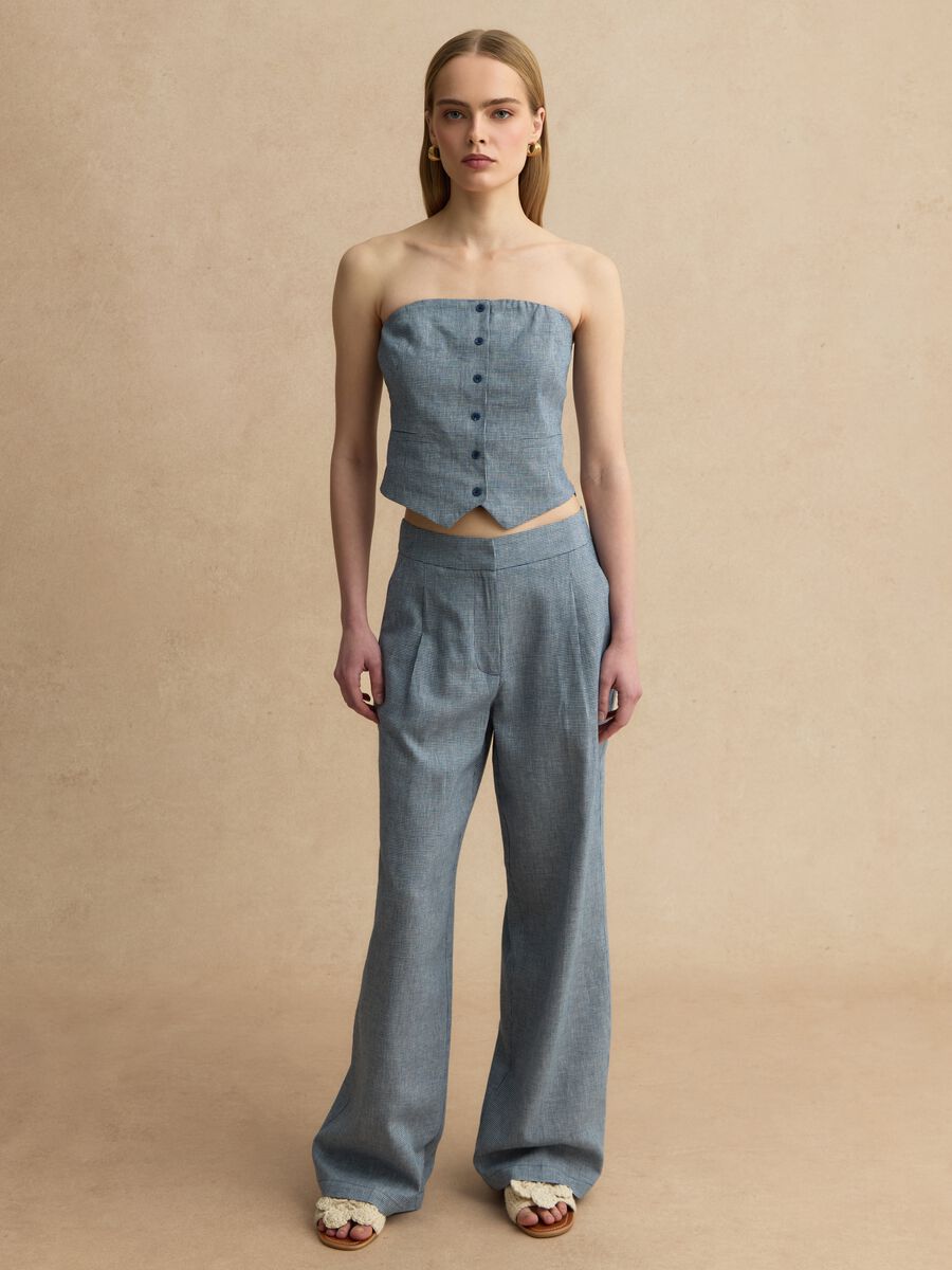 Slim-fit white and blue checked linen-blend corset_1