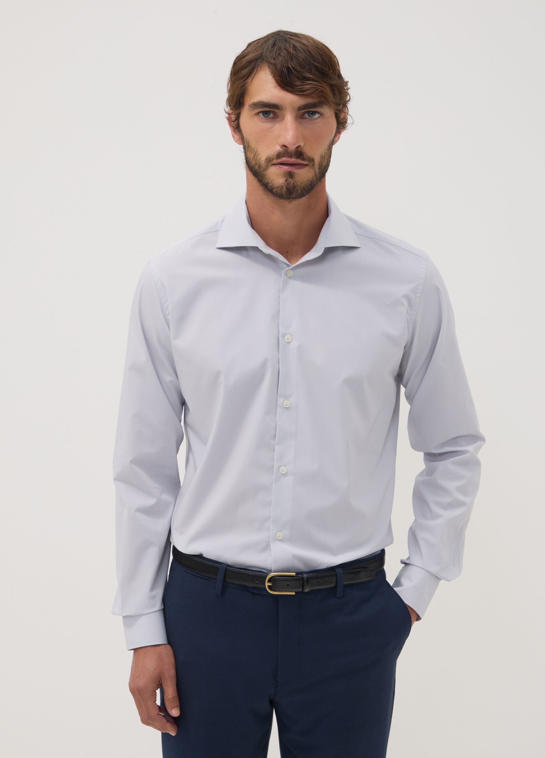 Camicia grigia in misto lyocell slim fit Easy Iron con colletto francese