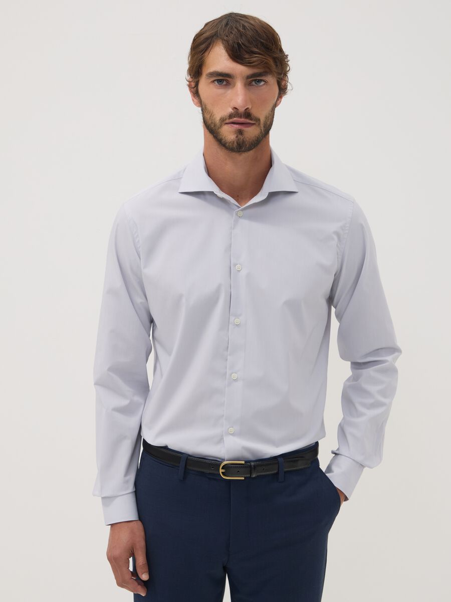 Camicia grigia in misto lyocell slim fit Easy Iron con colletto francese_0