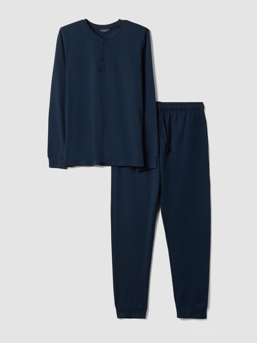 Blue pure cotton pyjamas with Henley neckline_4