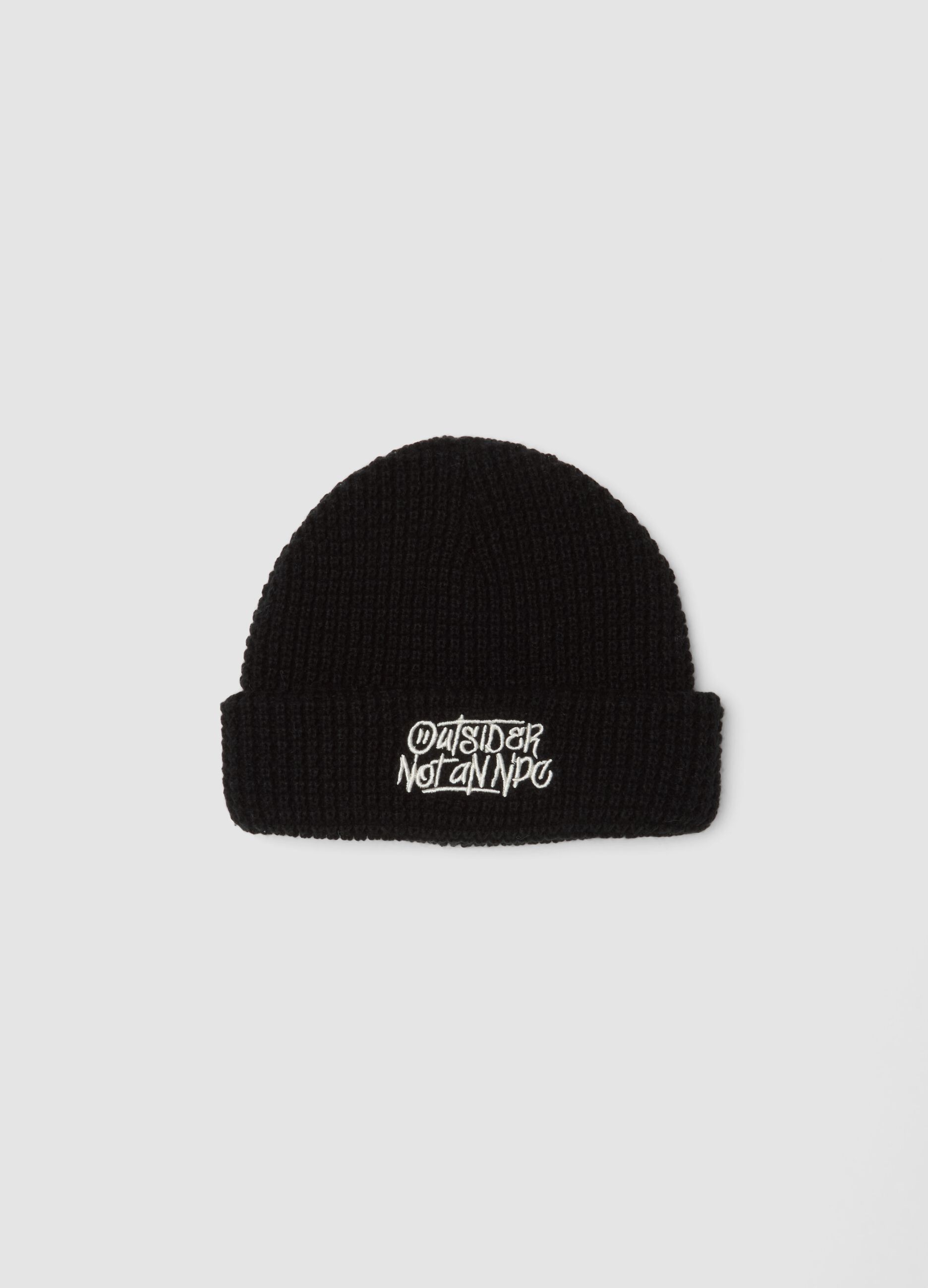 Black ribbed knit beanie with turn-up cuff
