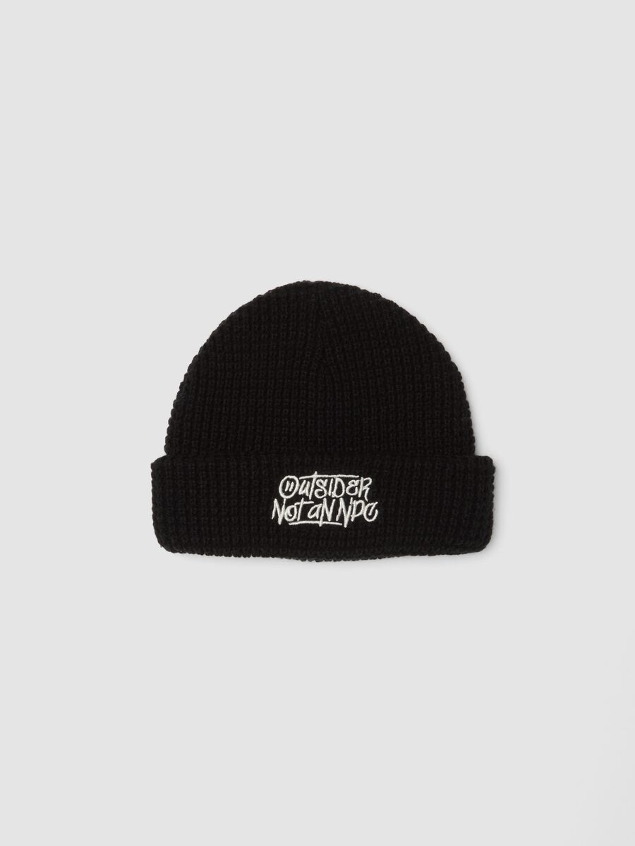 Black ribbed knit beanie with turn-up cuff_0