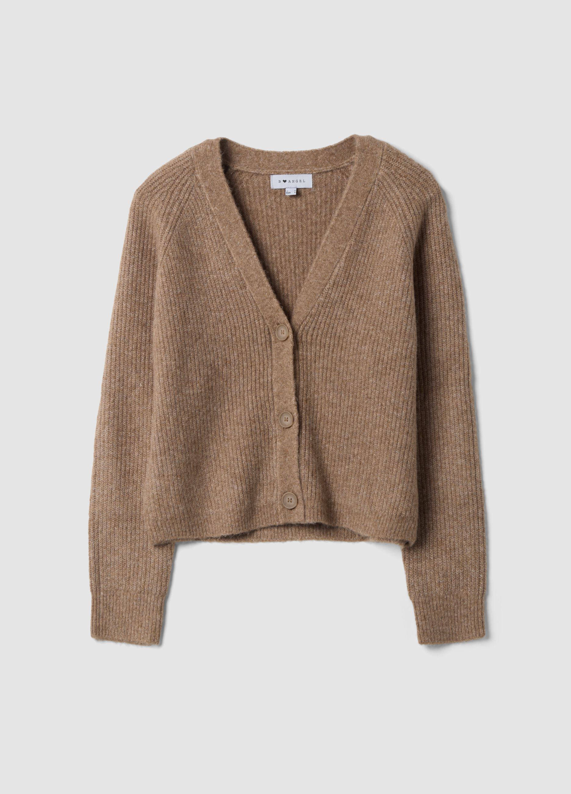 Brown stretch wool oversized cardigan with deep V-neck