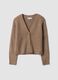 Brown stretch wool oversized cardigan with deep V-neck_0