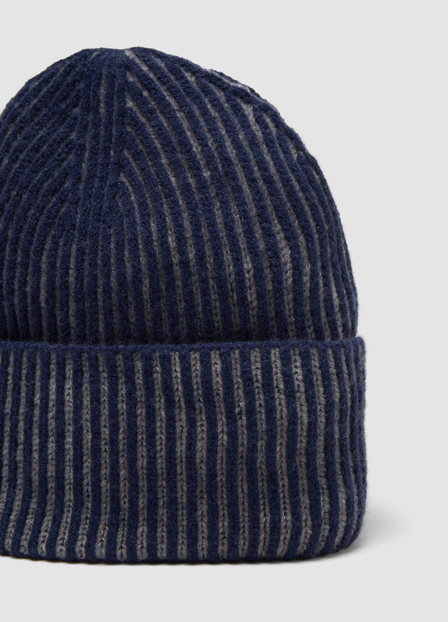 Blue and grey ribbed jersey knit beanie