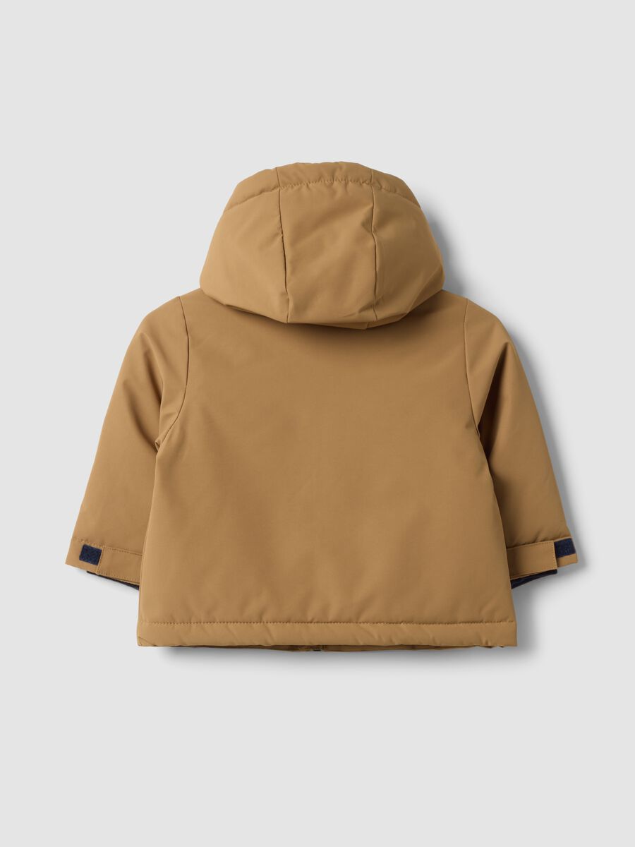 Brown padded hooded zip-up jacket for boys_1