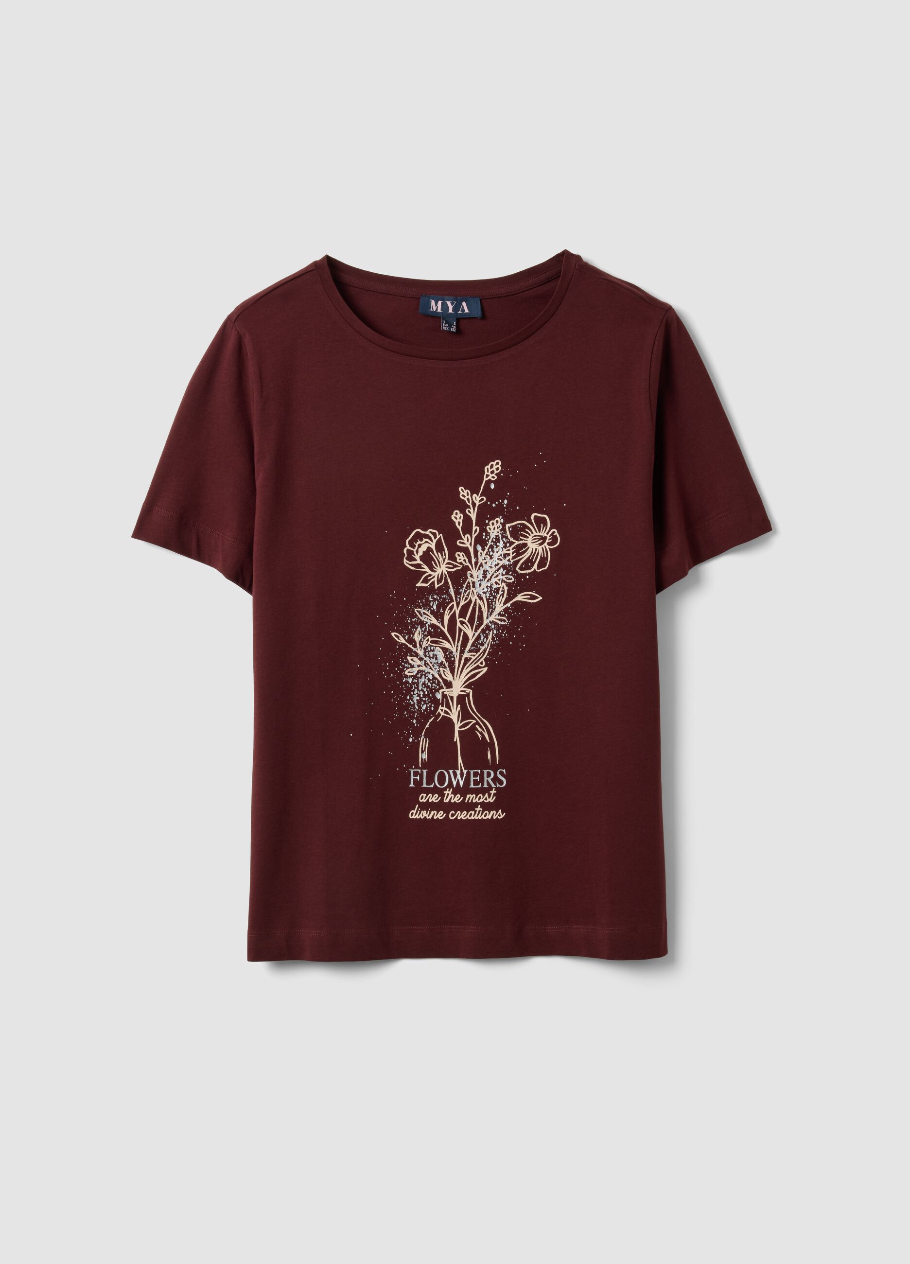 Red pure cotton T-shirt with floral print, regular fit
