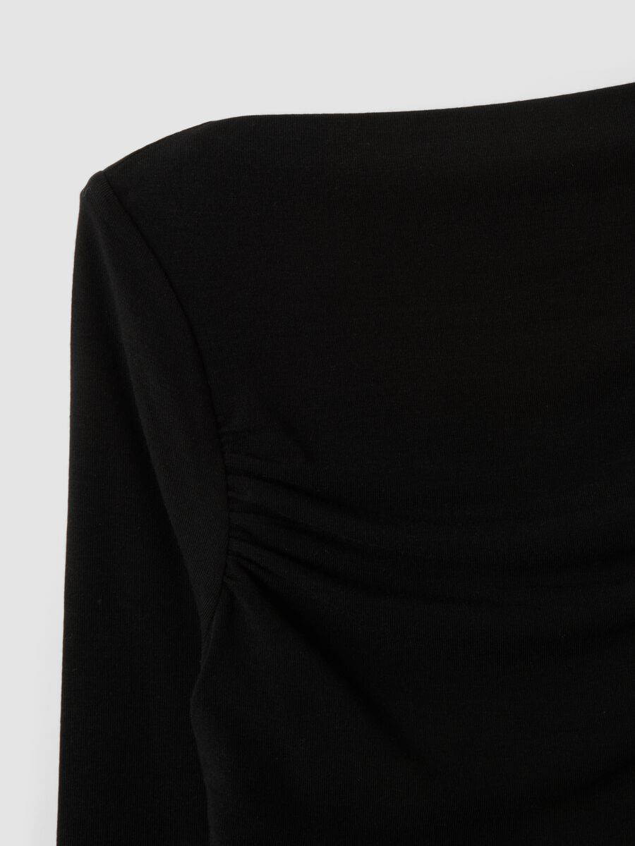 Black stretch viscose, silk and wool T-shirt with draping_5