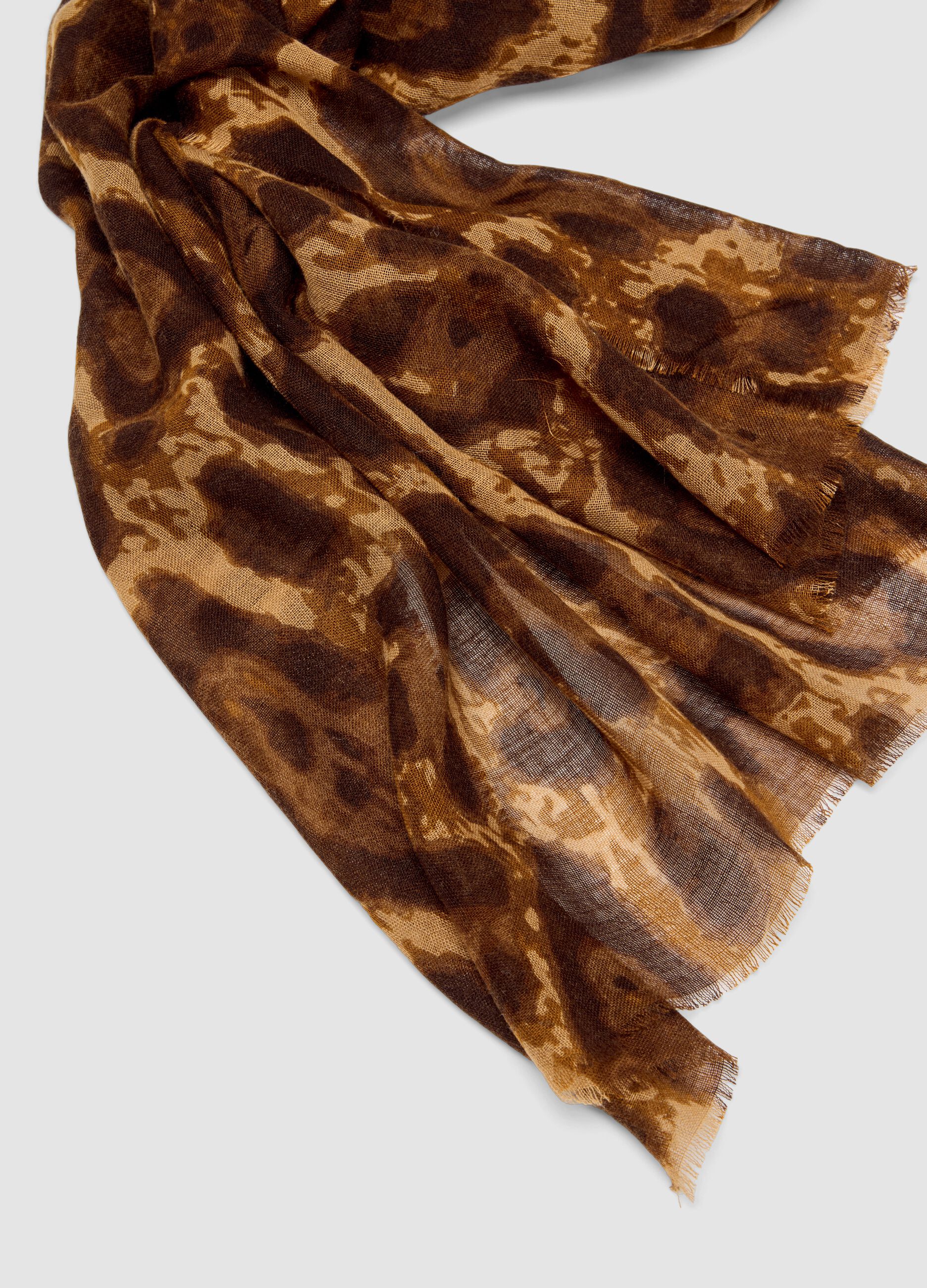 Brown wool-blend scarf with animal print