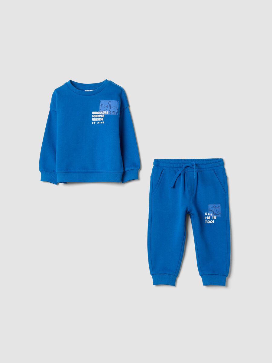 Completo jogging blu in puro cotone con stampa dinosauri over fit_0