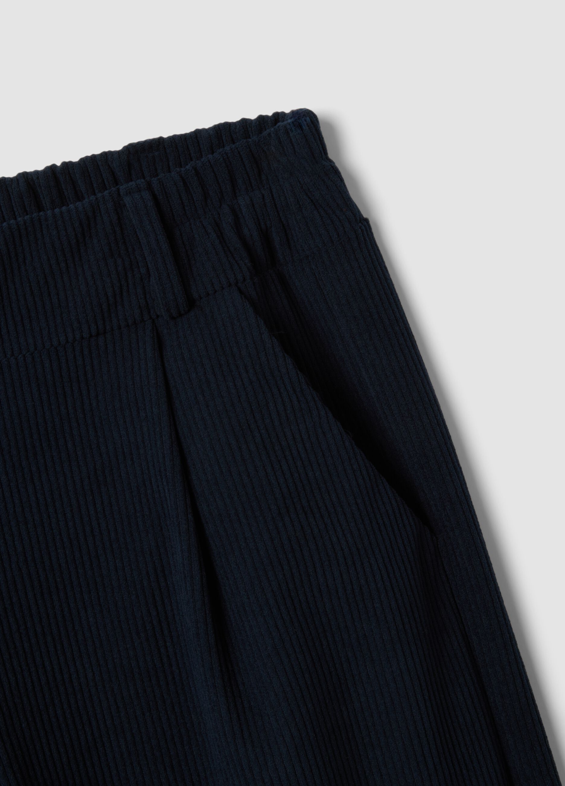 Navy blue wide-leg ribbed trousers, regular fit
