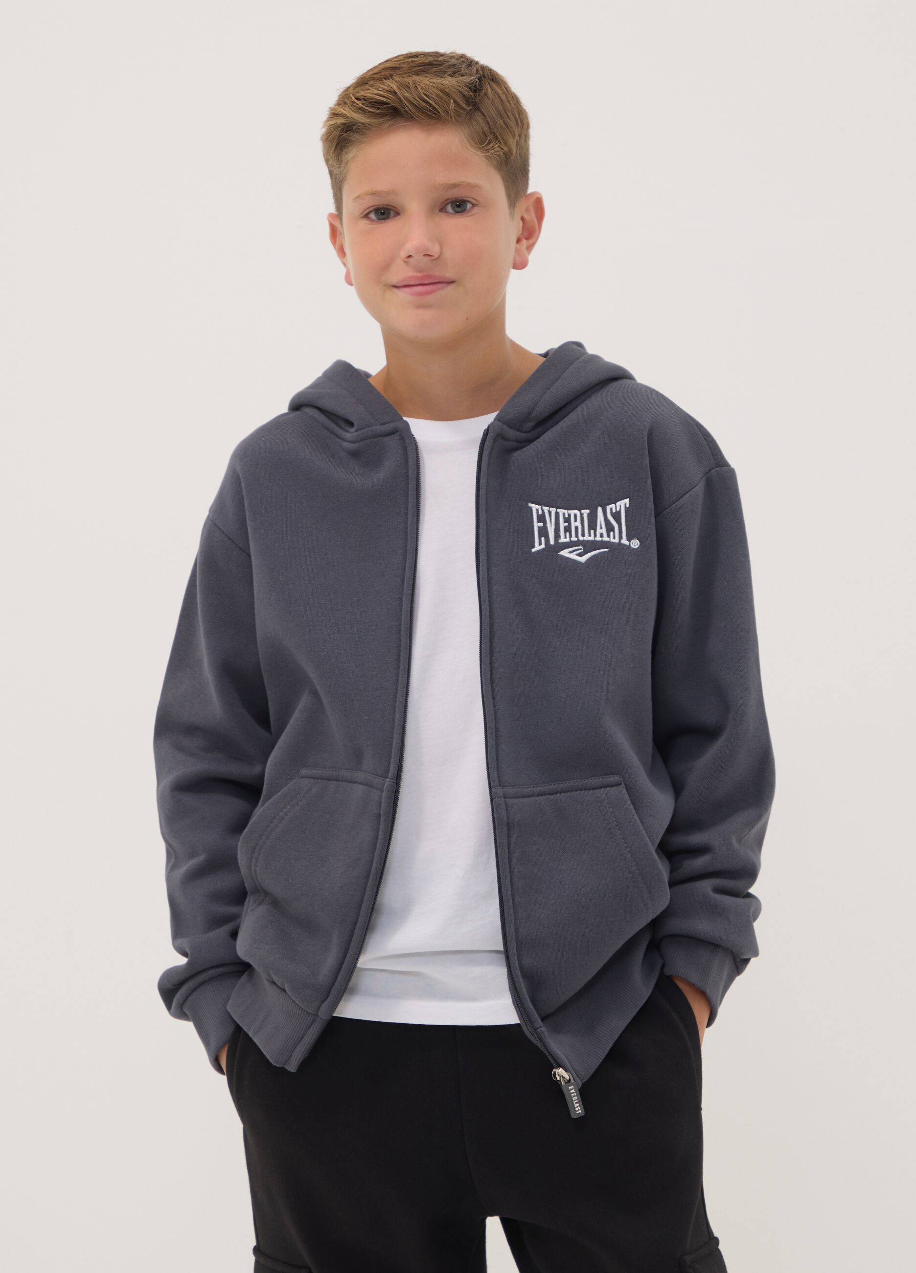 Grey full-zip cotton-blend hooded sweatshirt for boys