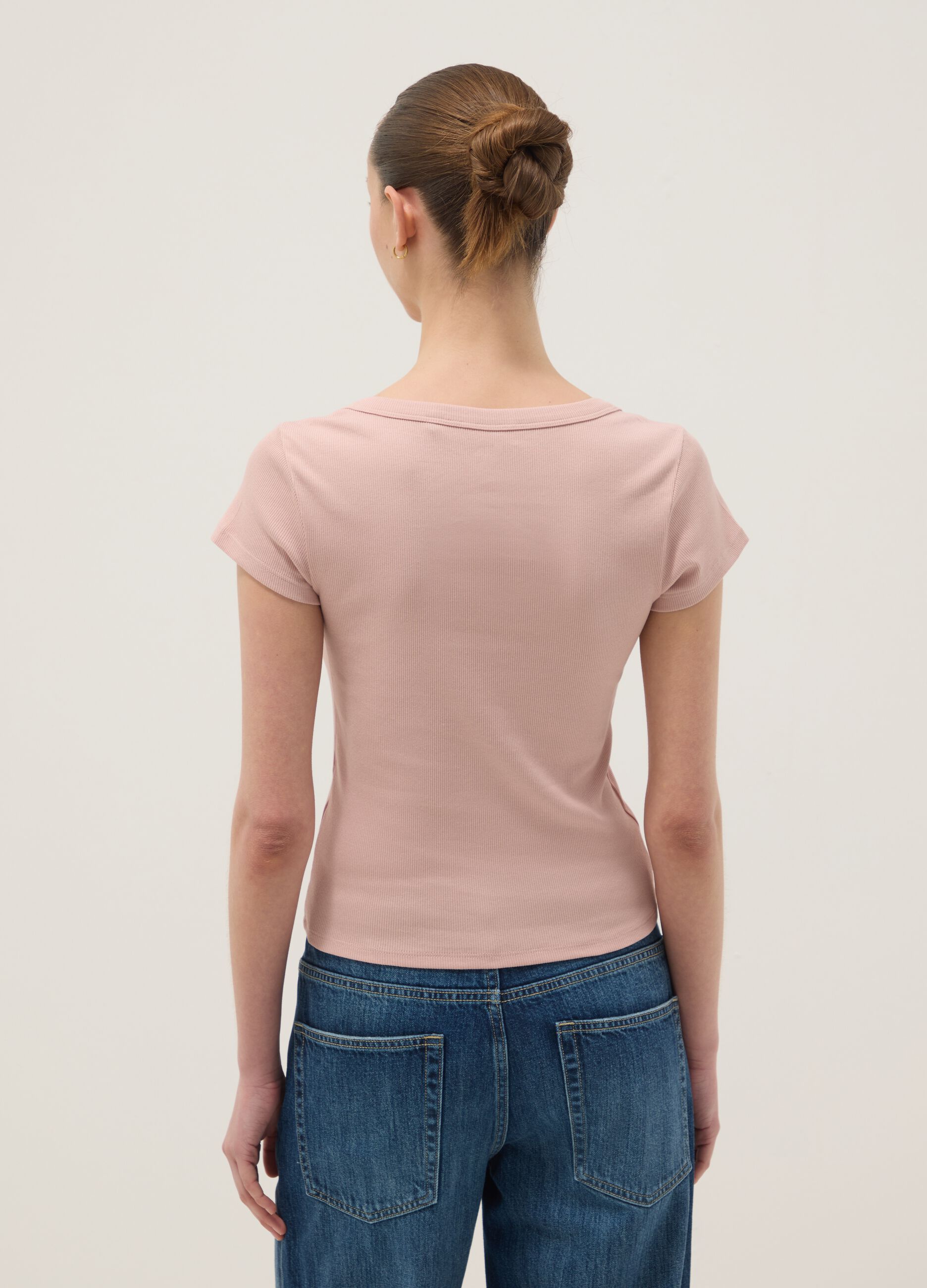 Fitted short-sleeve stretch cotton pink t-shirt