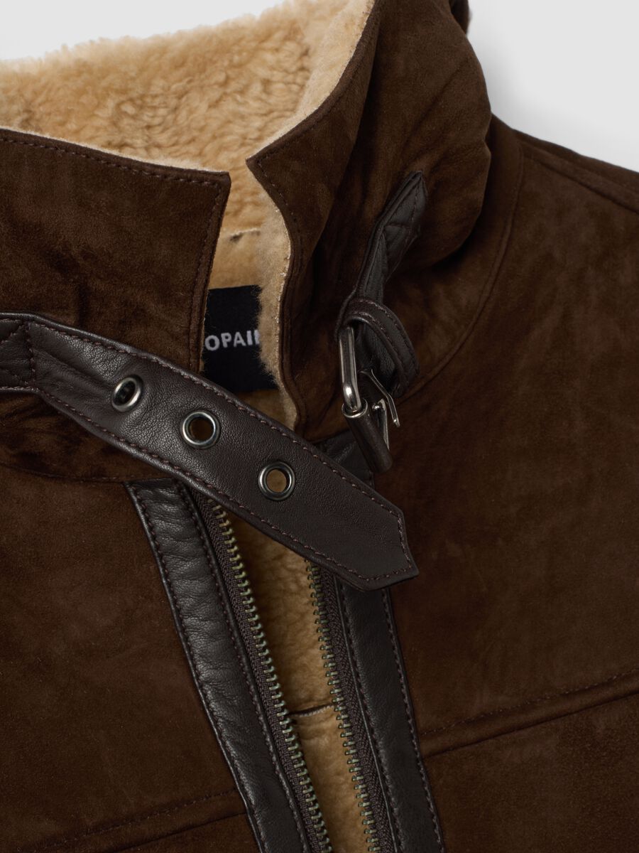 Dark brown genuine leather jacket with zip and contrast trims_1