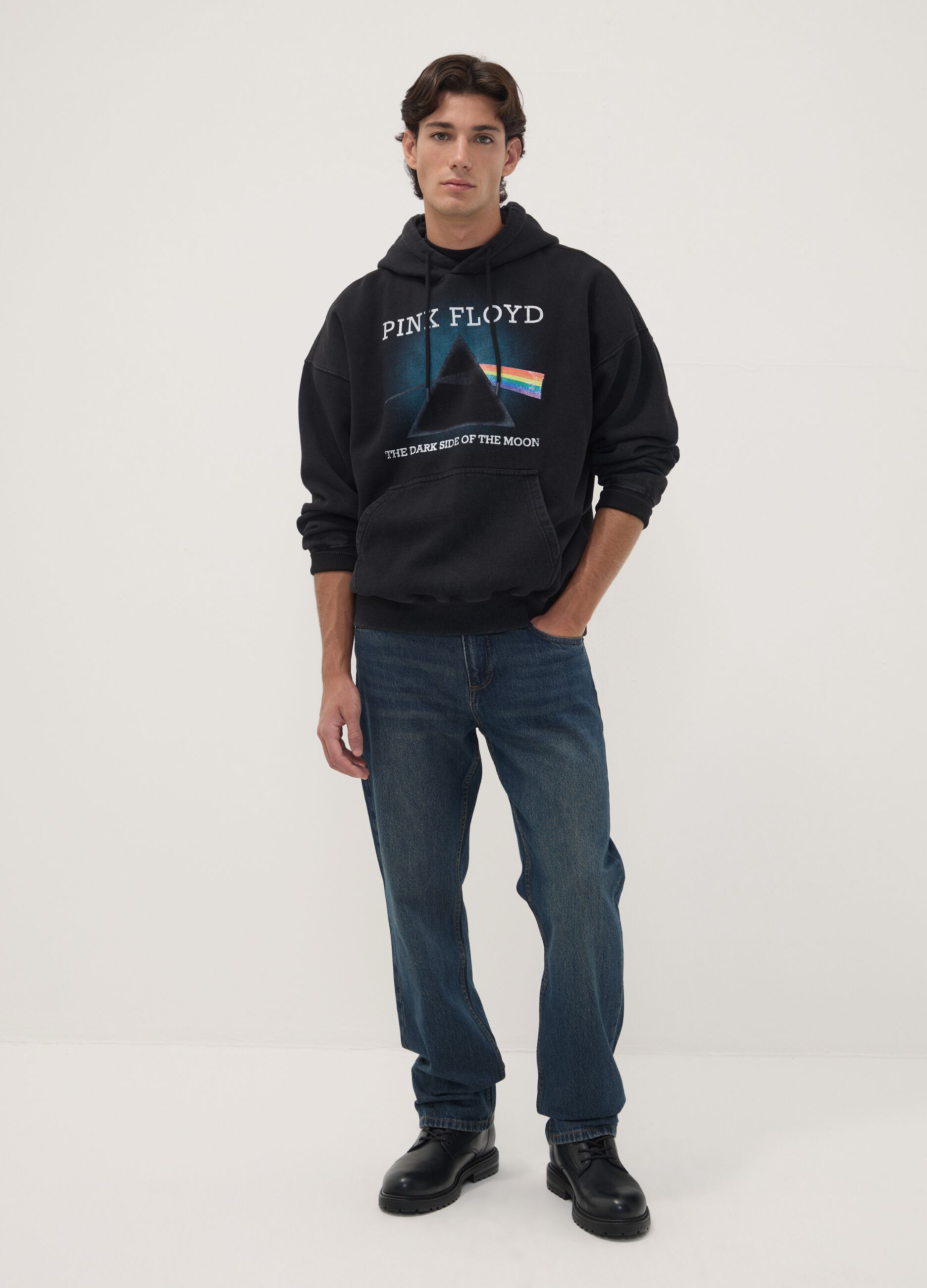 Black cotton-blend hoodie with Pink Floyd print