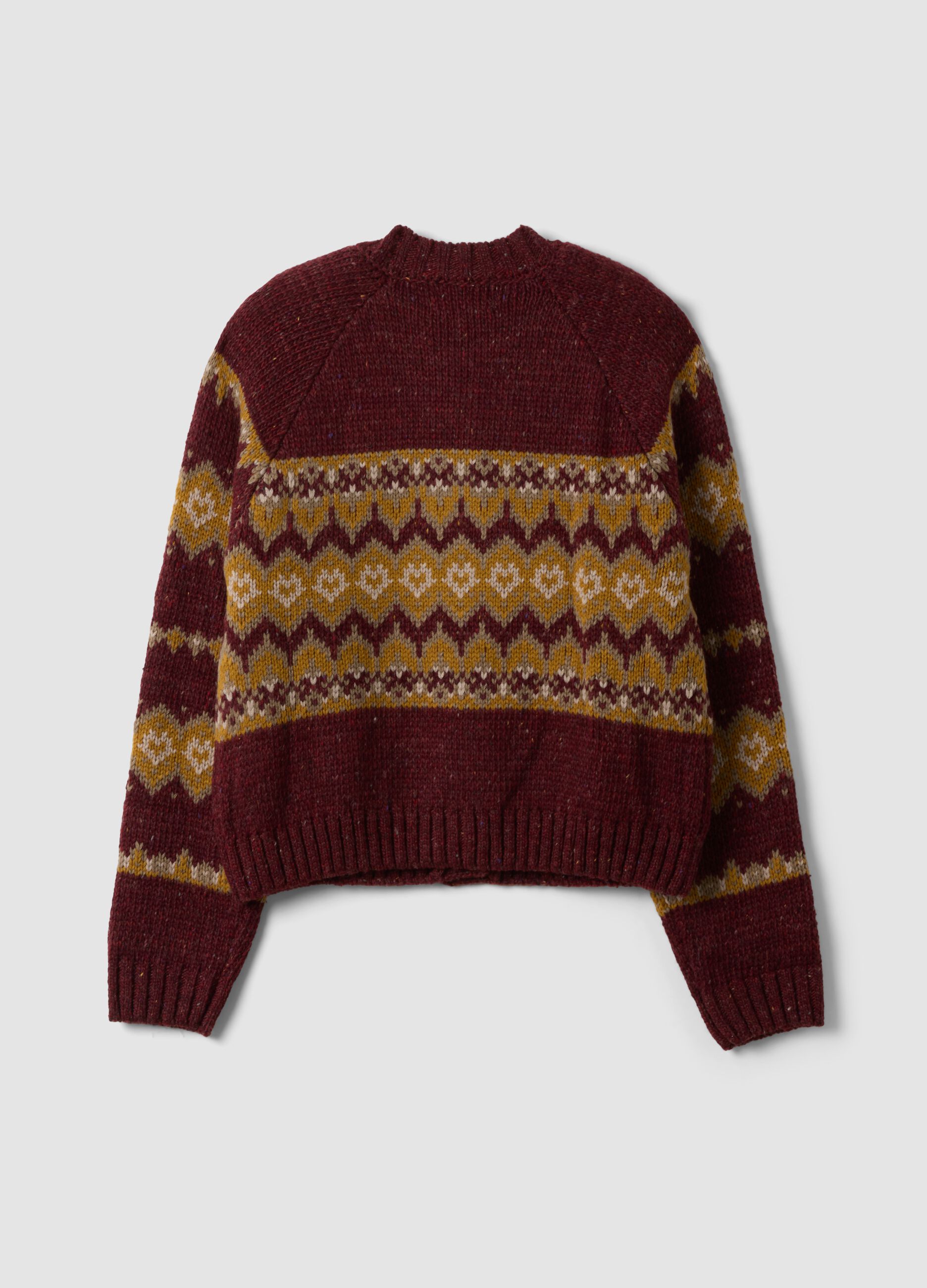 Red crew-neck jacquard wool-blend cardigan, regular fit