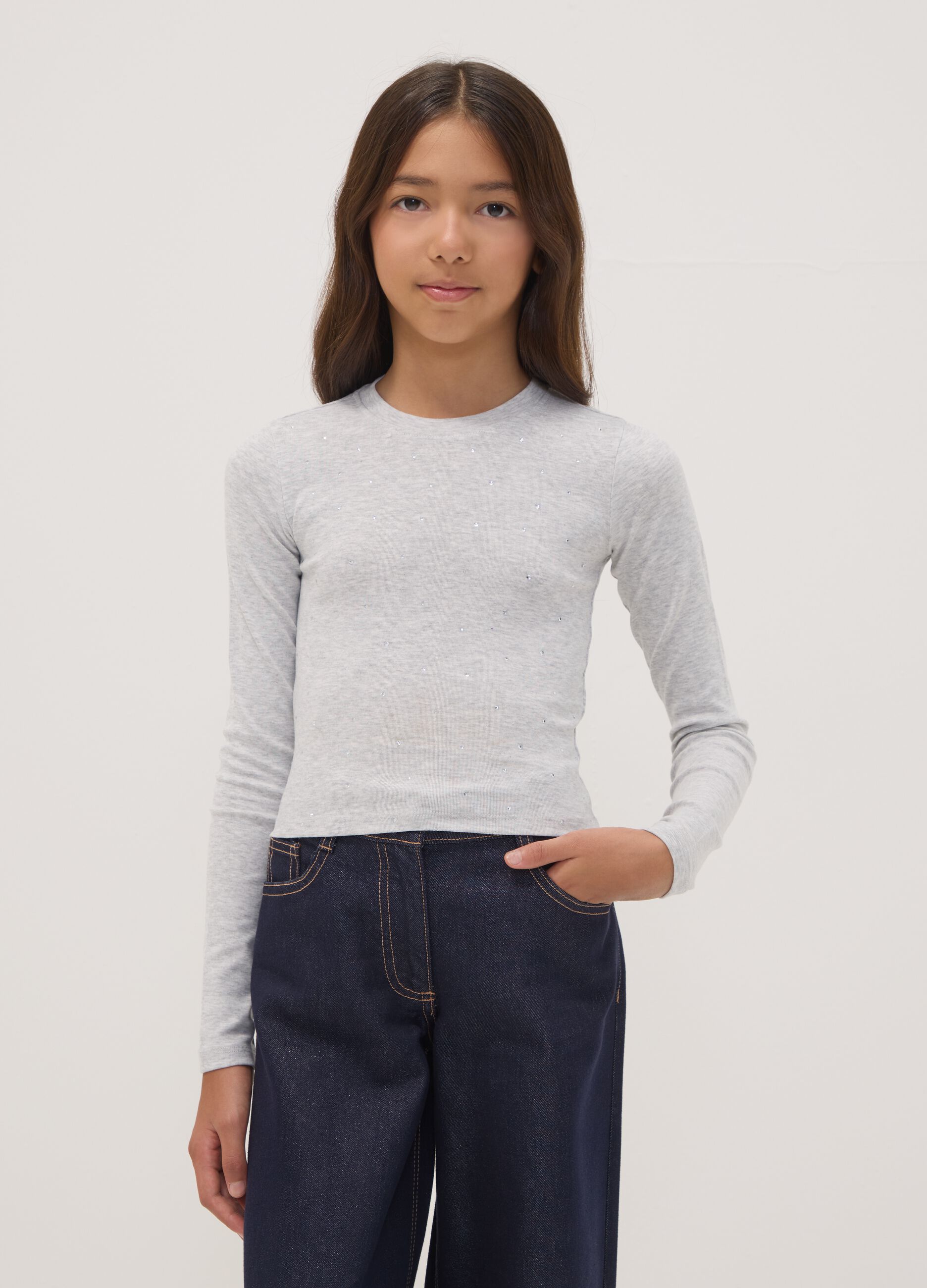 Grey organic cotton and stretch viscose T-shirt with rhinestones