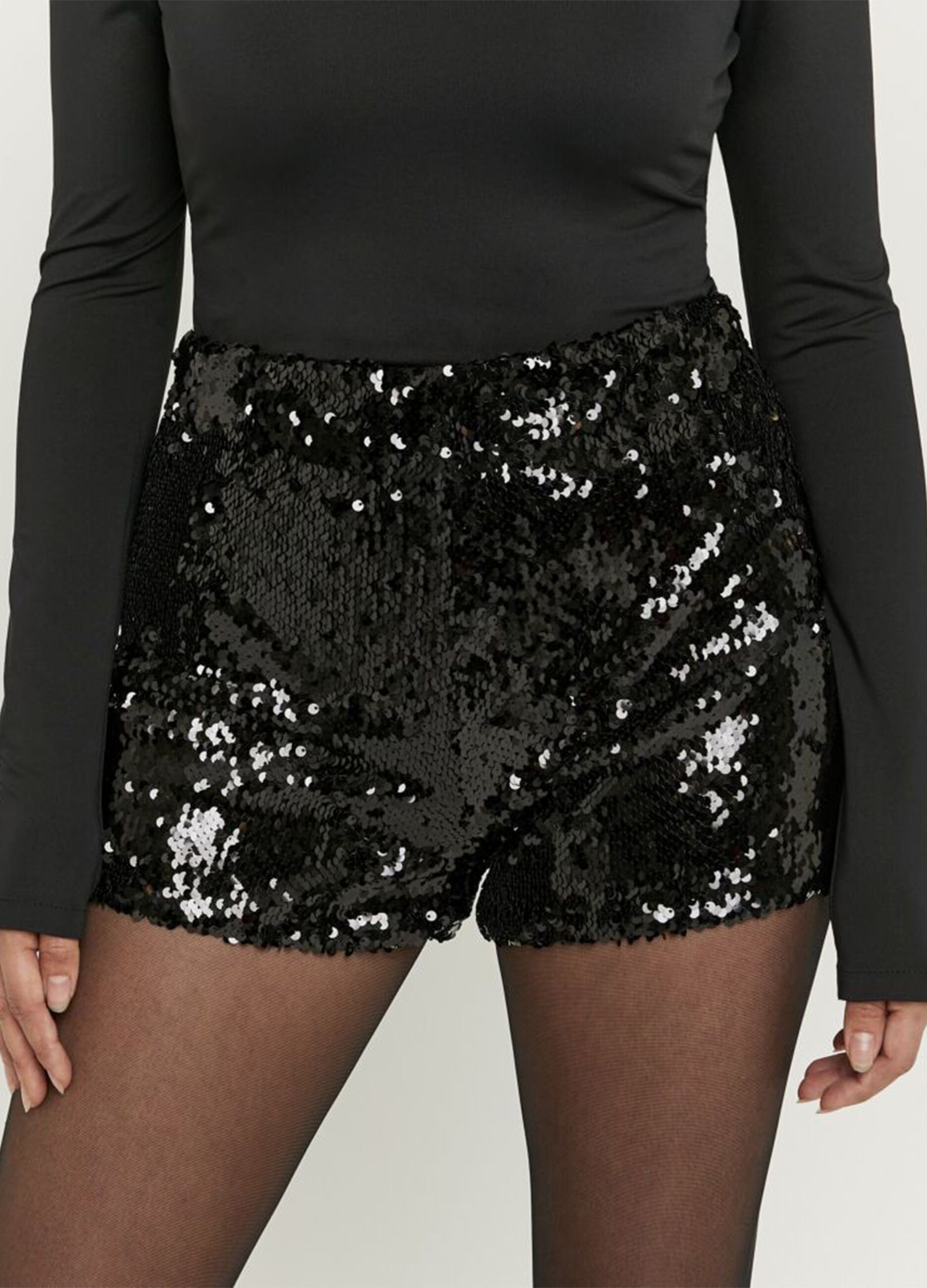 Regular fit black stretch fabric shorts with sequins