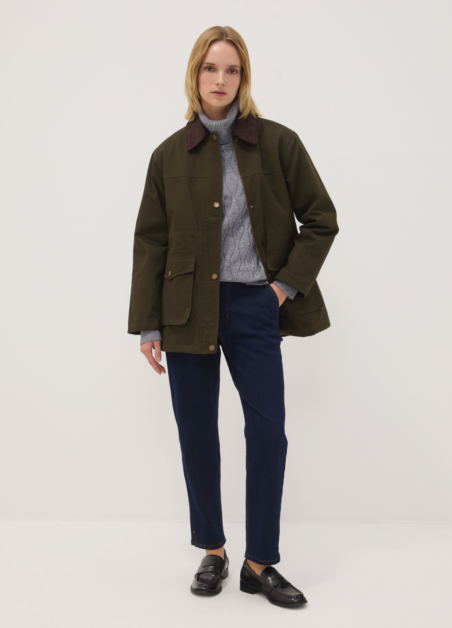 Green pure-cotton jacket with contrast collar