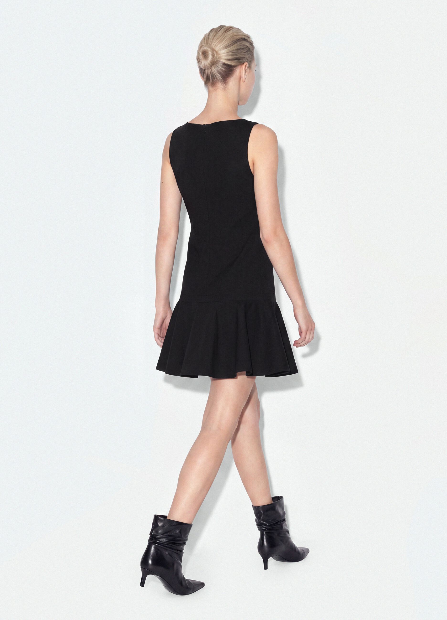 Black sleeveless stretch viscose dress with eyelet detail