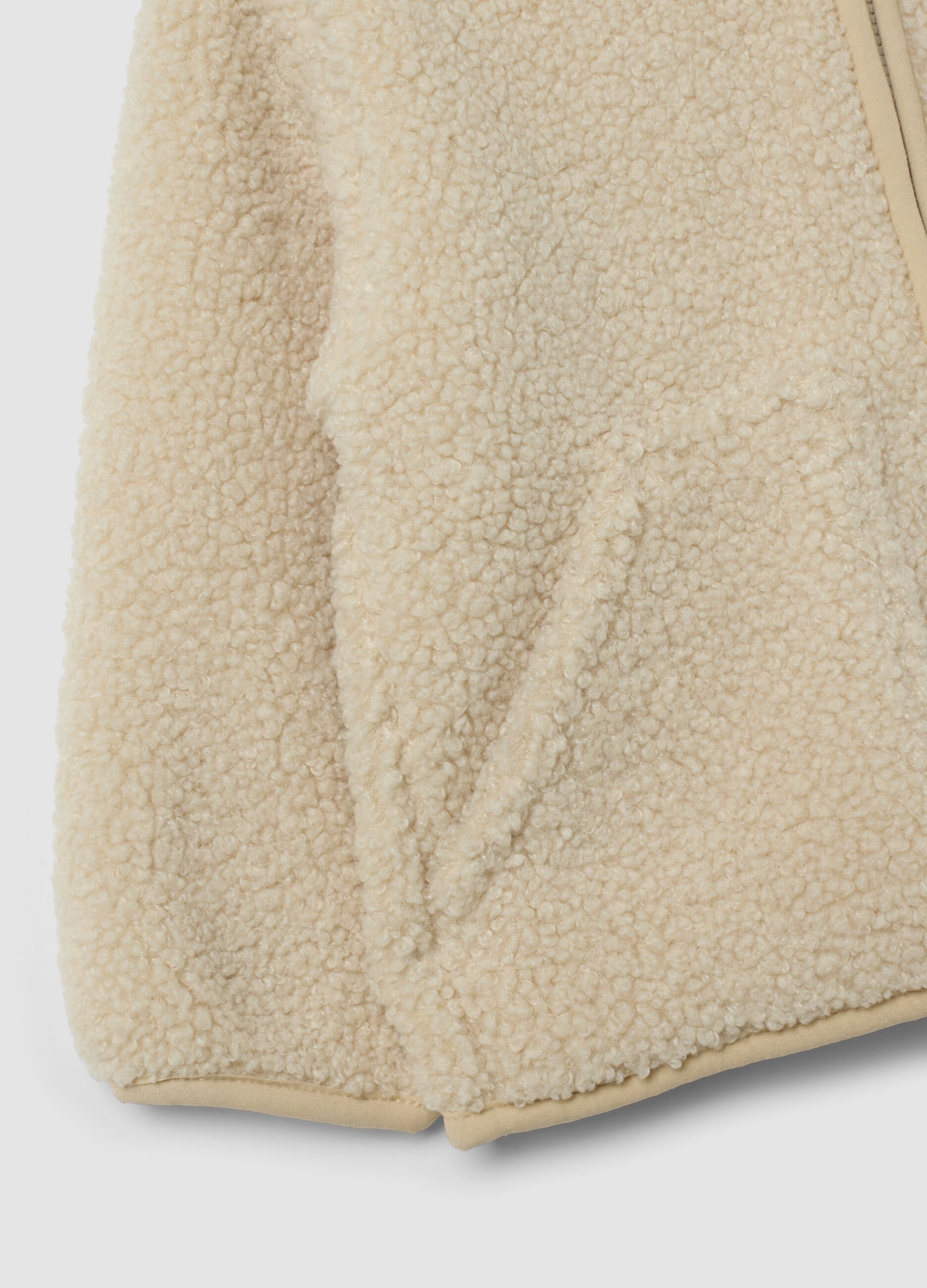 Beige hooded zip-up oversized jacket with teddy texture