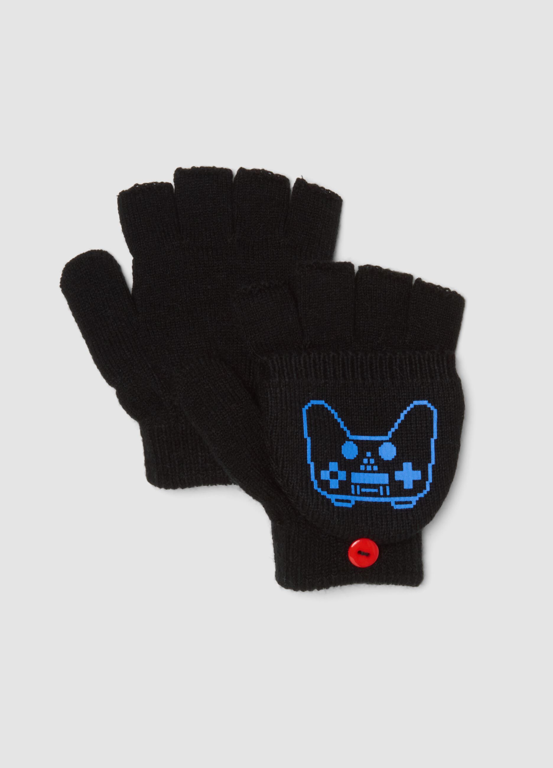Black convertible gloves with videogame print