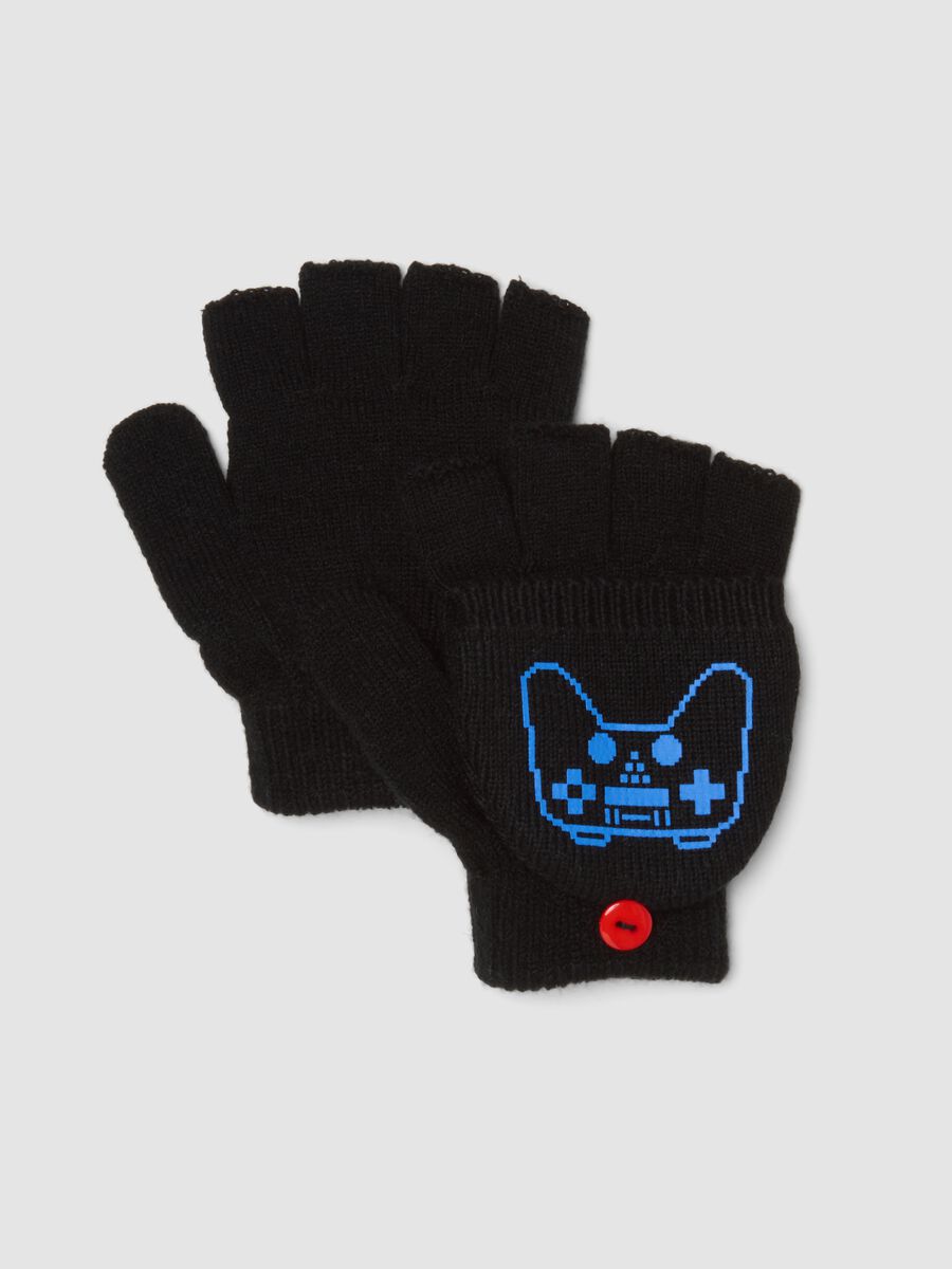 Black convertible gloves with videogame print_0