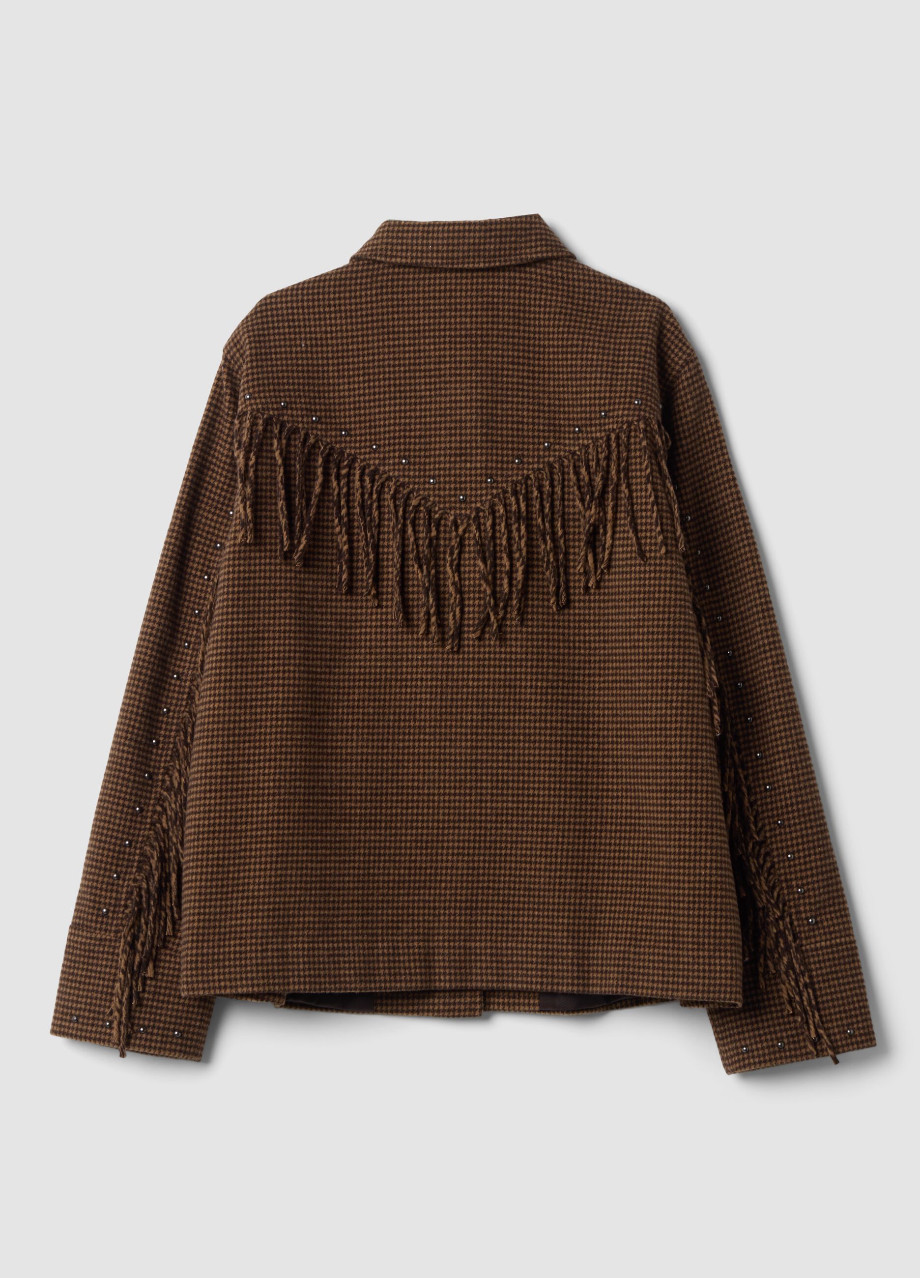 Blazer marrone in misto lana e viscosa con frange applicate